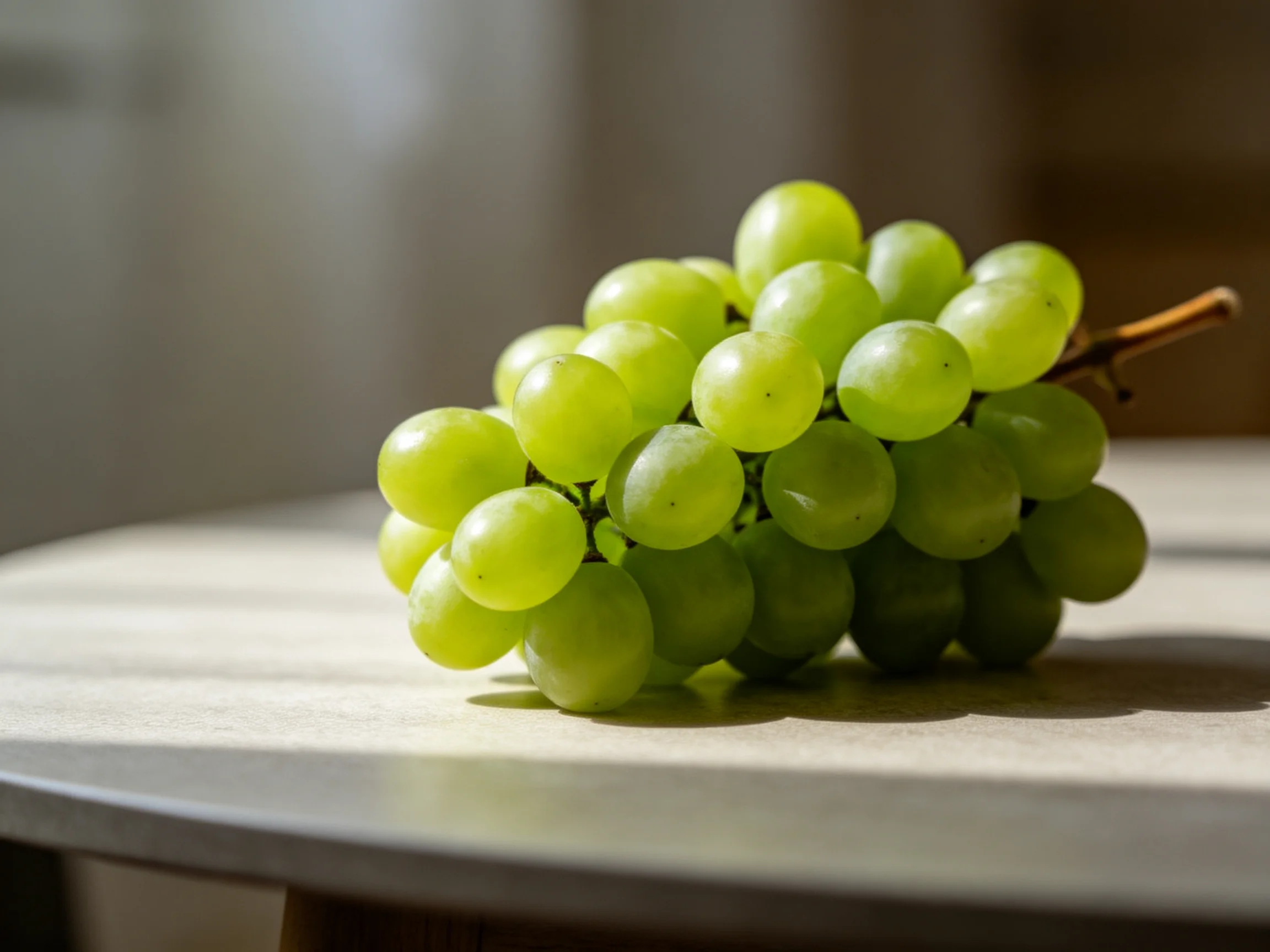 A cluster of fresh green grapes rests on a smooth table under soft lighting