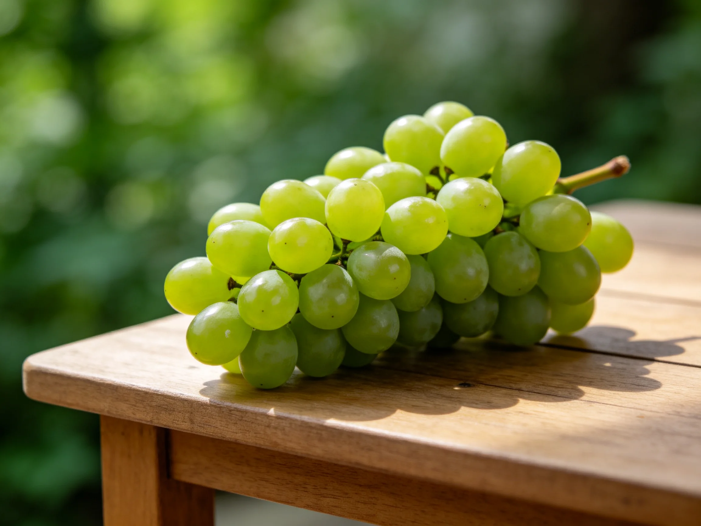 A cluster of fresh green grapes rests on a wooden table outdoors