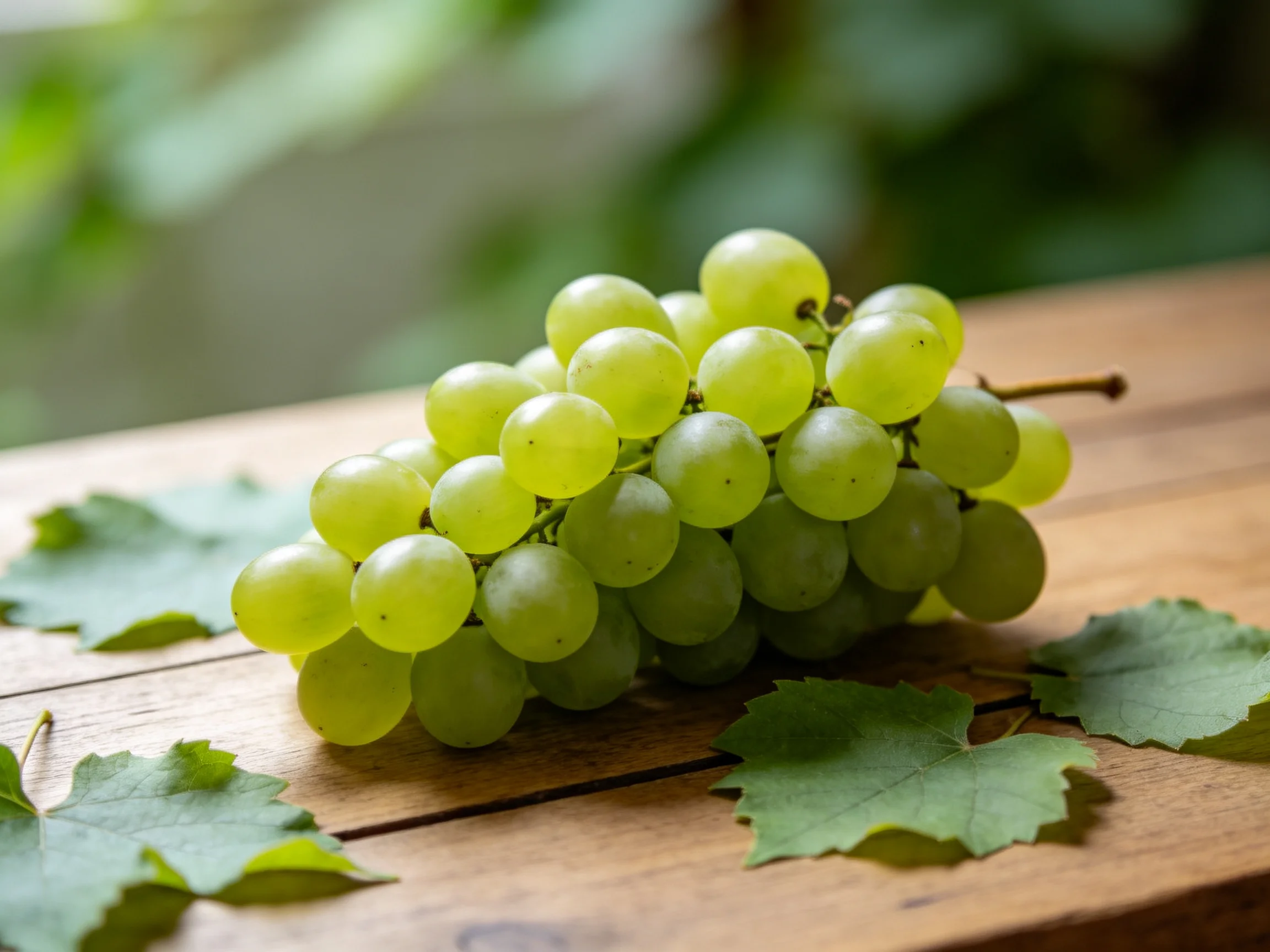 A cluster of fresh green grapes rests on a wooden table with scattered leaves