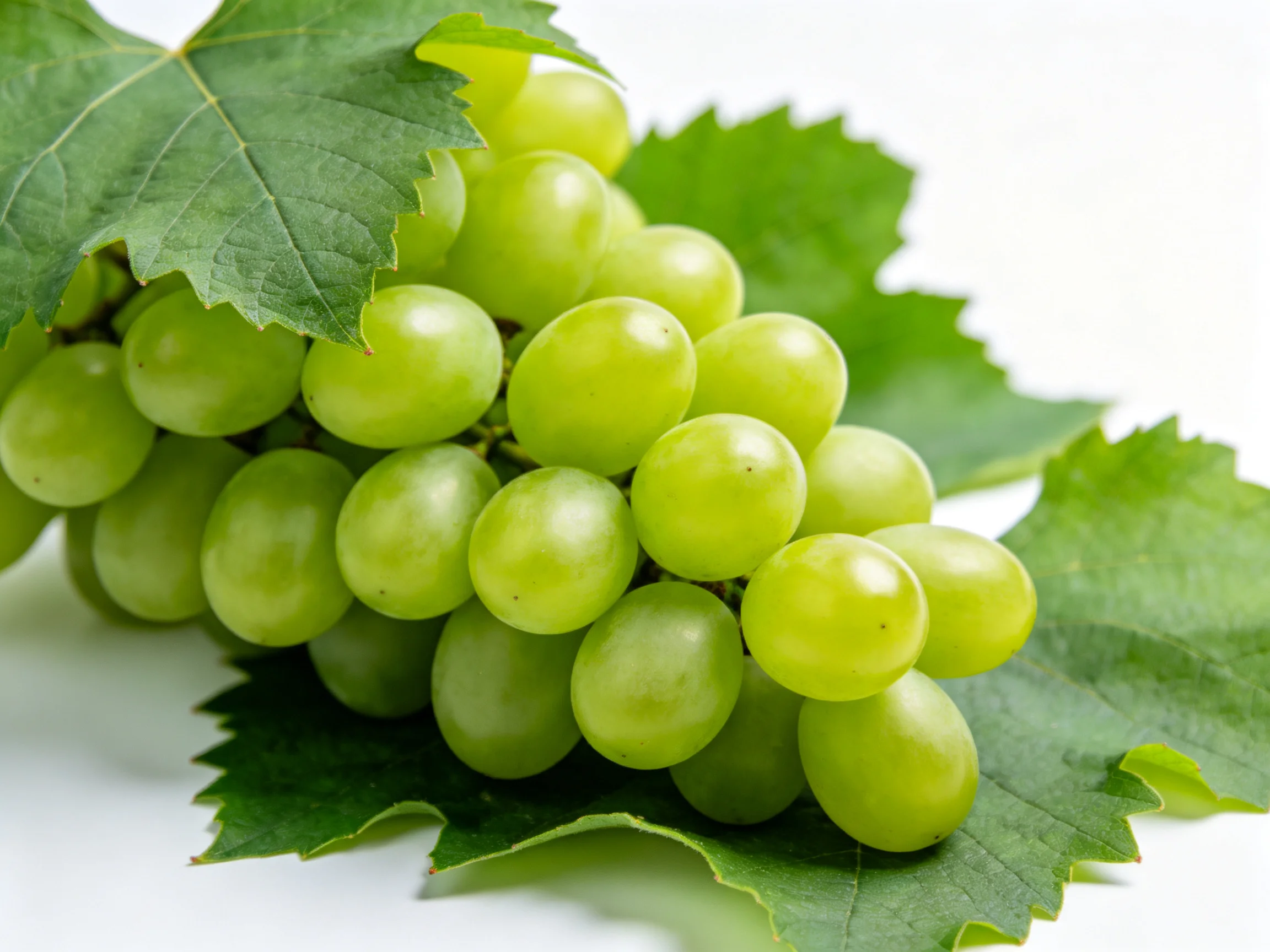 A cluster of fresh green grapes with large green leaves