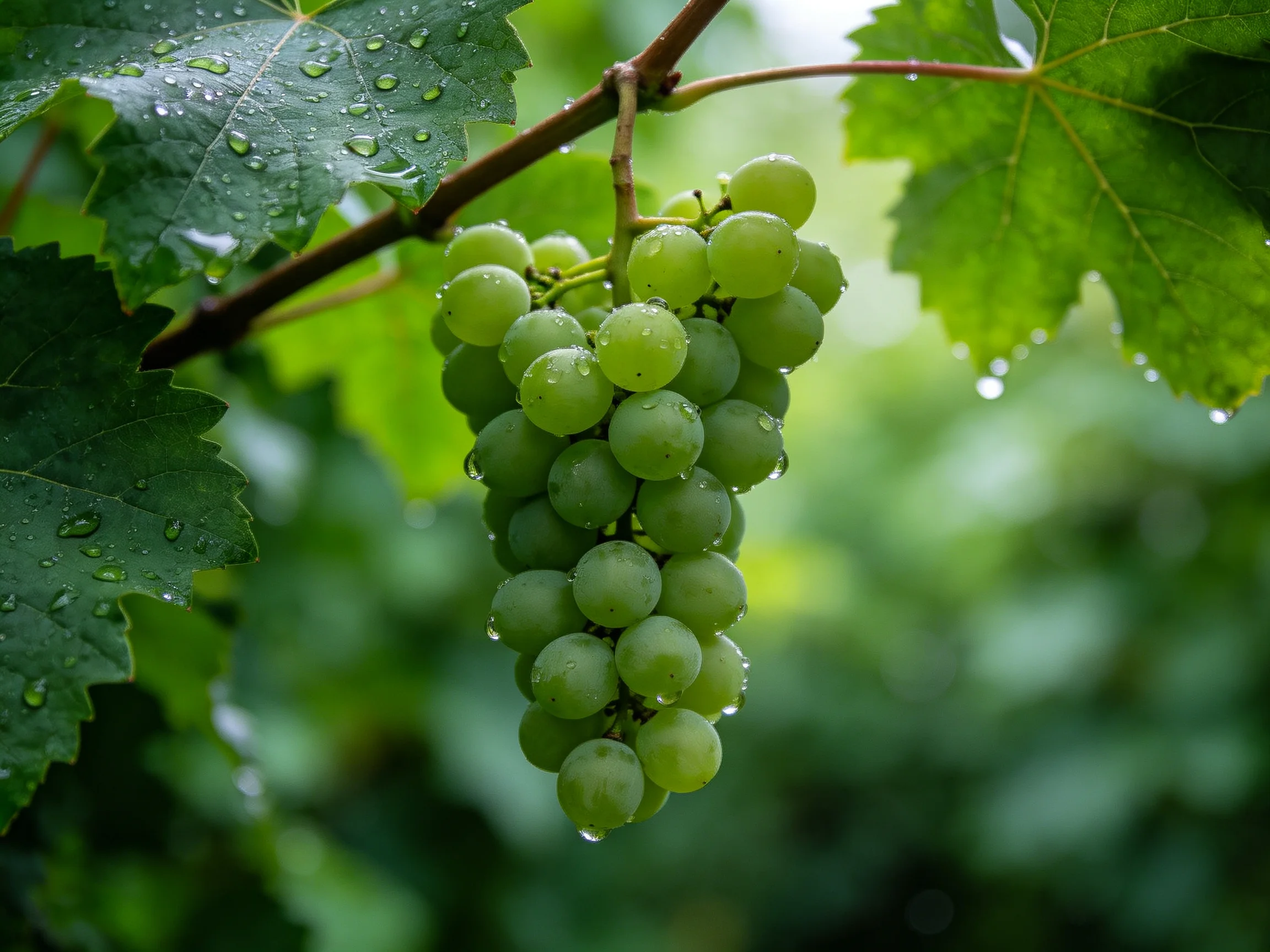 A cluster of fresh green grapes with water droplets amid lush foliage