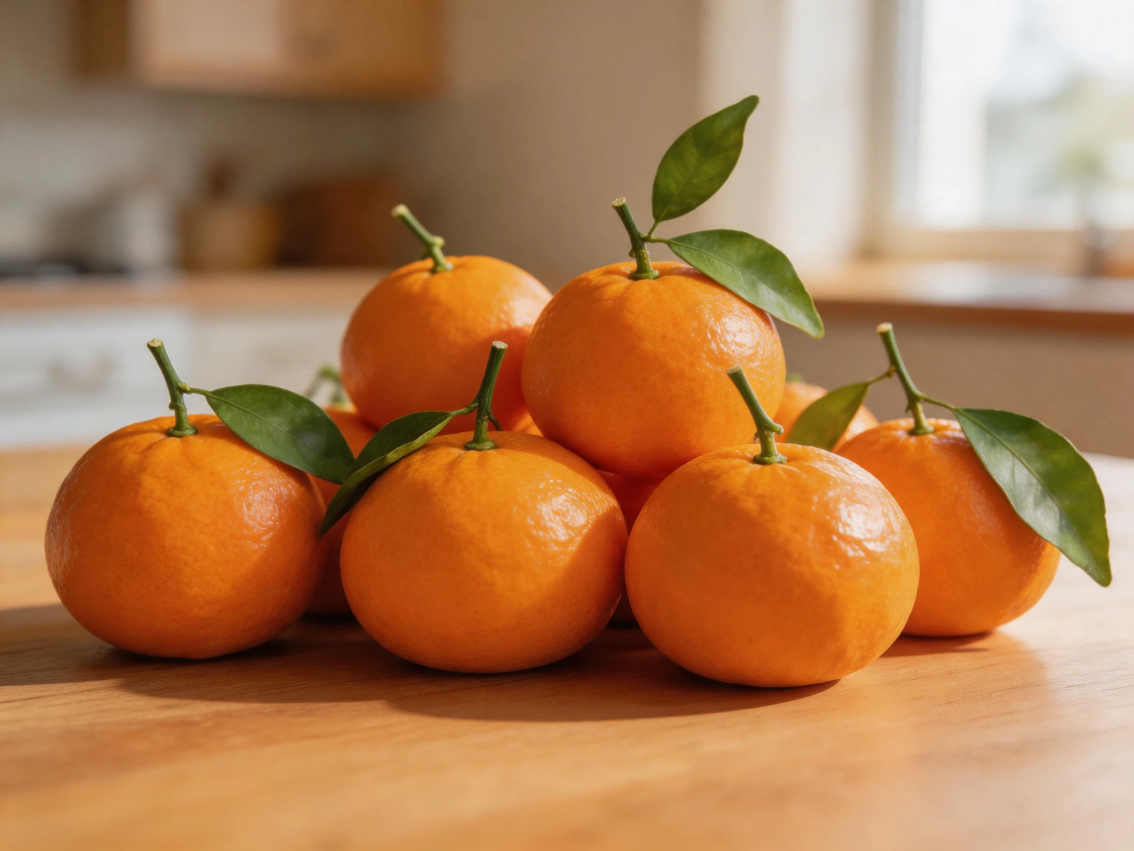 A cluster of fresh oranges with green leaves on a wooden surface