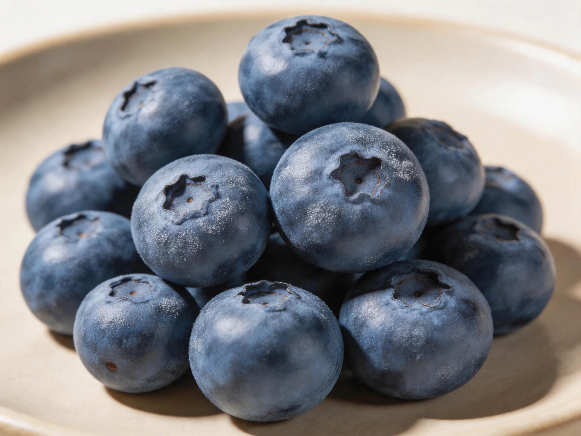 A cluster of fresh plump blueberries arranged on a neutral plate