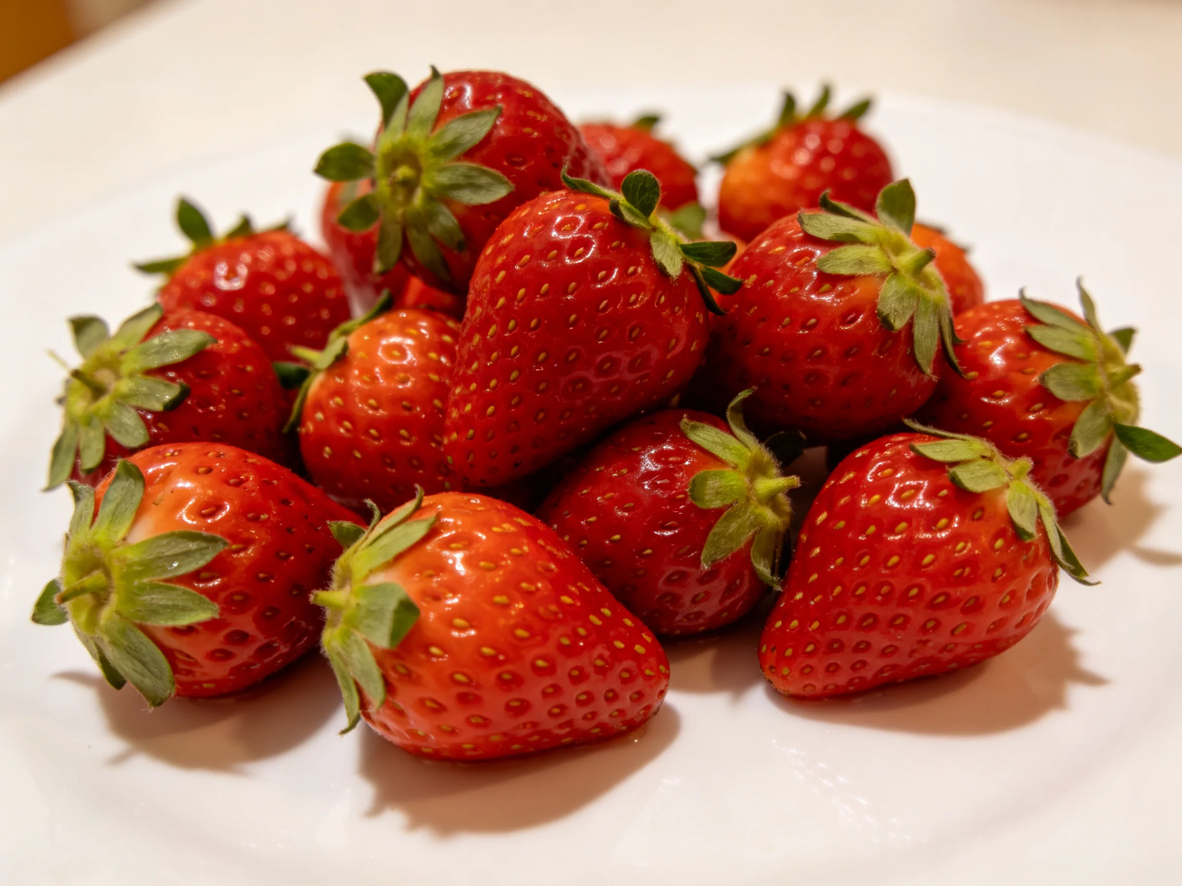 A cluster of fresh red strawberries on a white plate