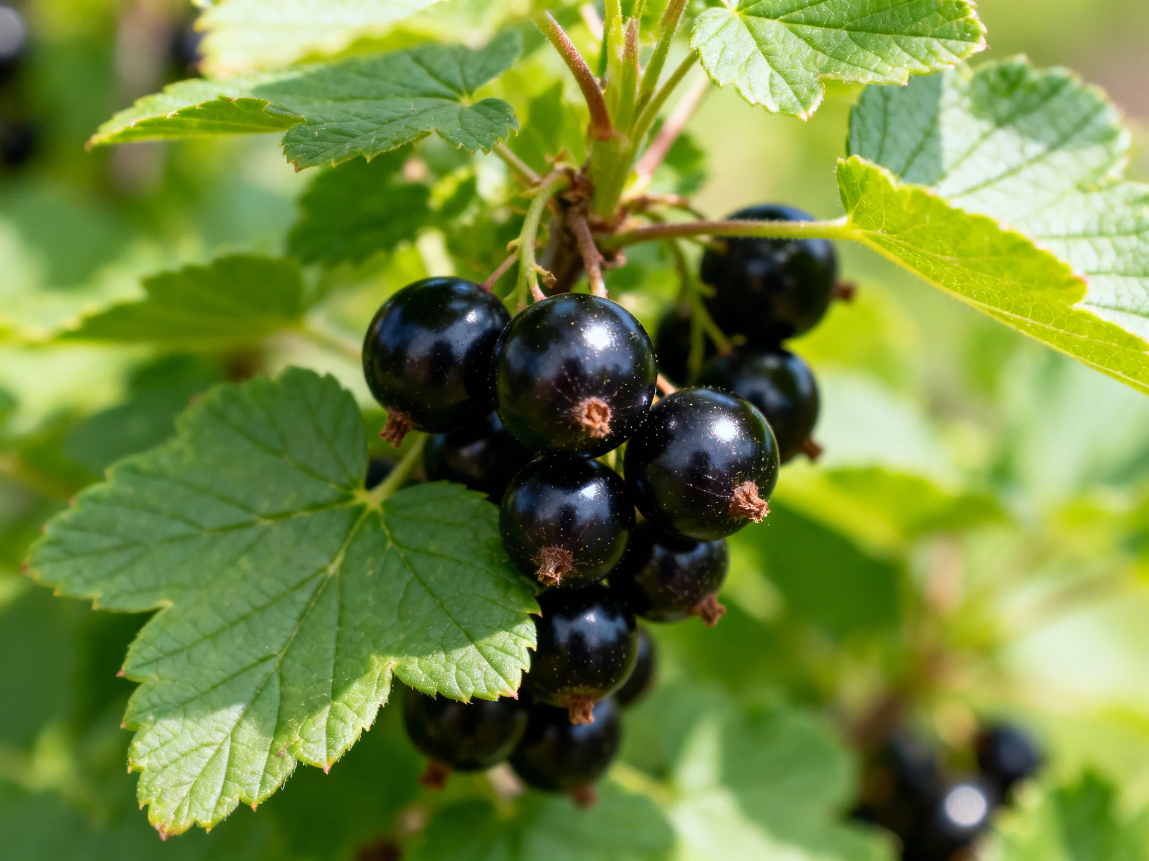 A cluster of glossy black berries amid vibrant green foliage