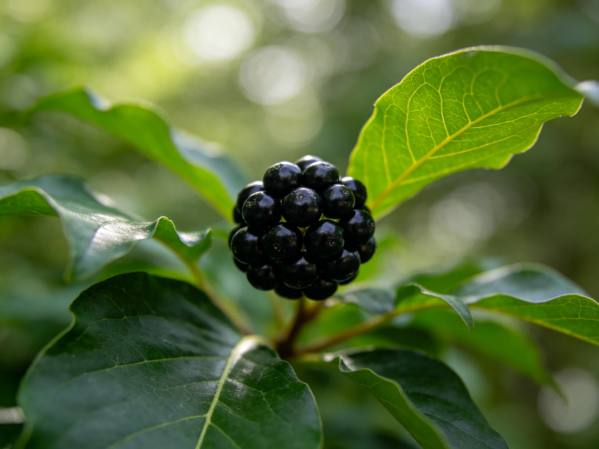 A cluster of glossy black berries amid vibrant green foliage