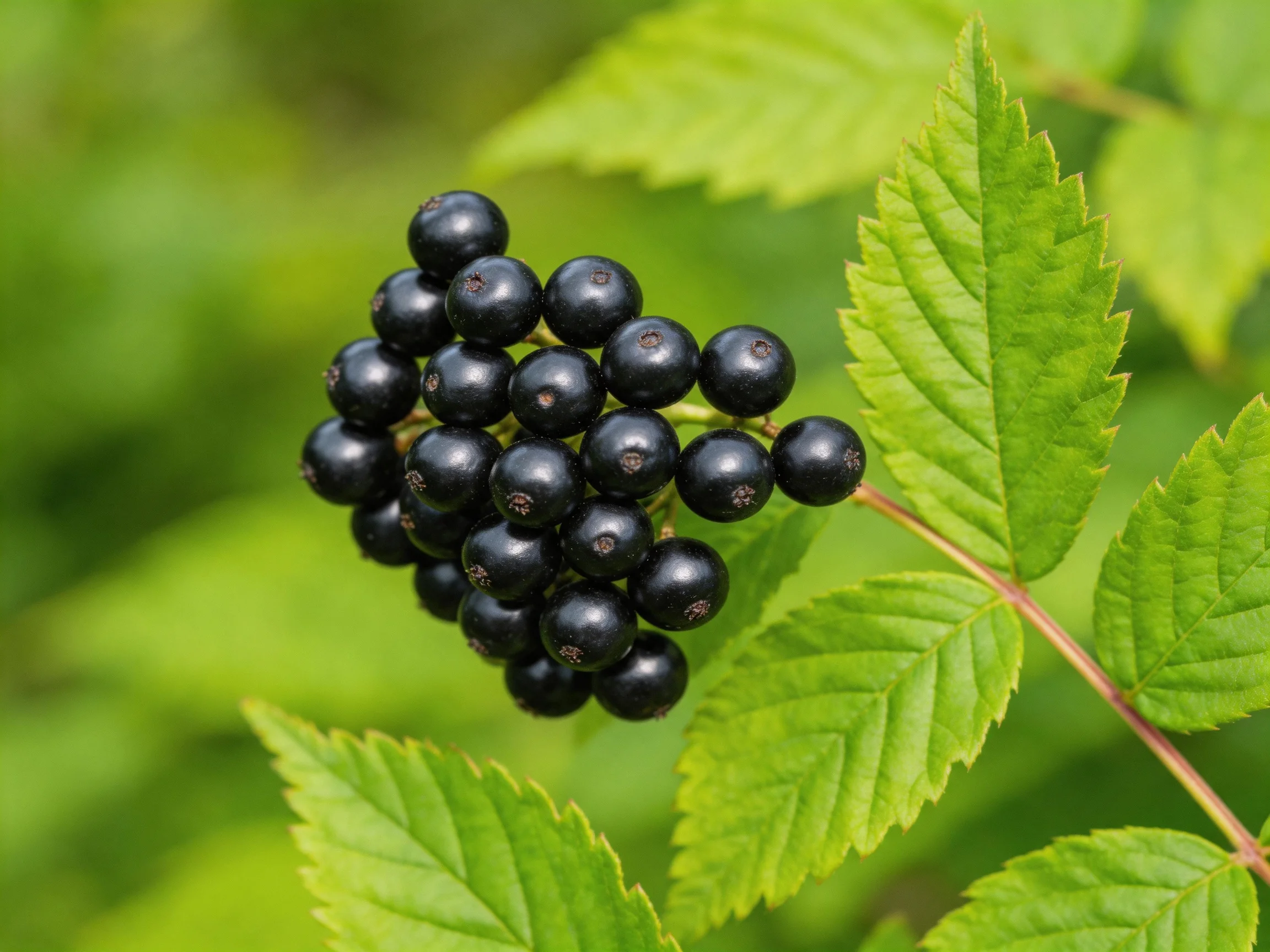 A cluster of glossy black berries beside vibrant green foliage