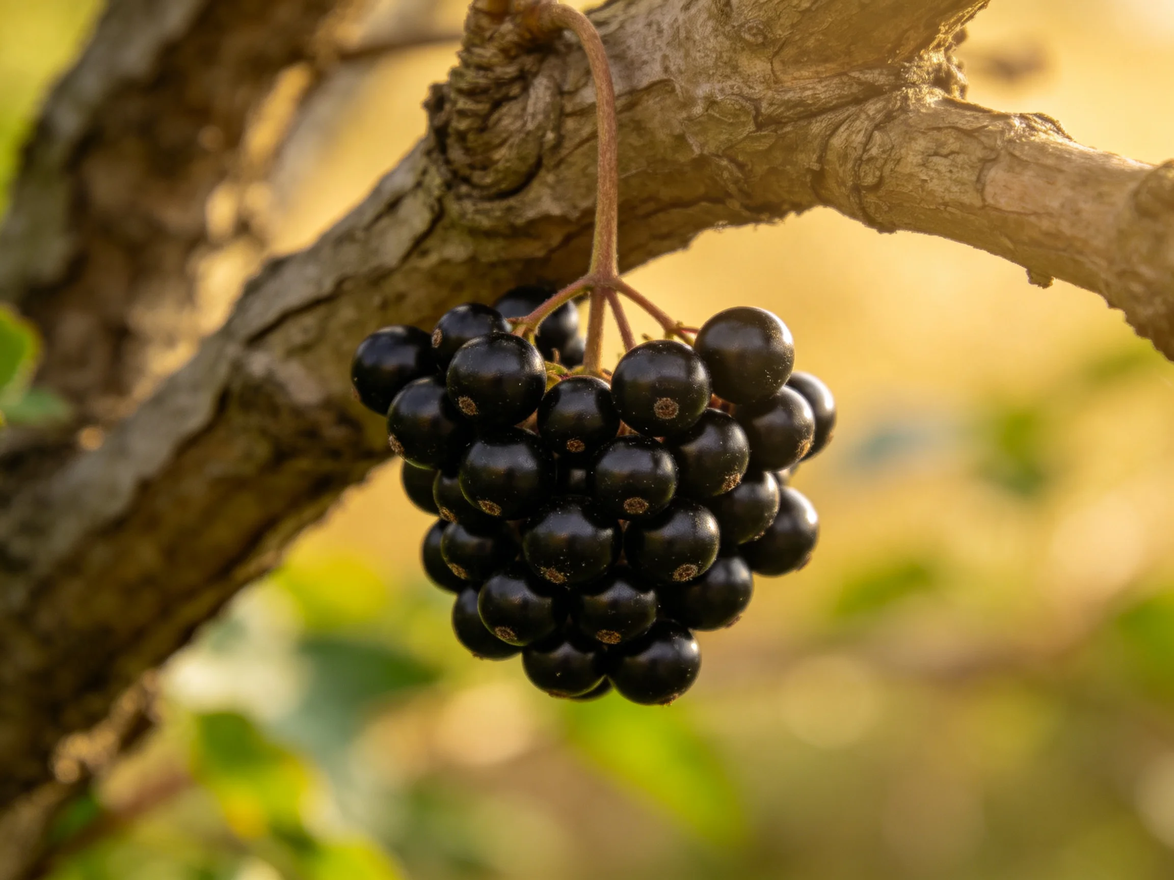 A cluster of glossy black berries dangles from a gnarled tree branch