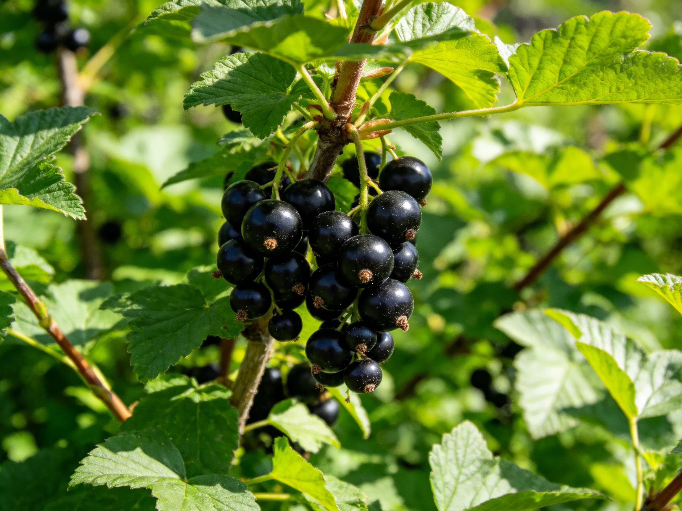 A cluster of glossy black berries hangs among vibrant green foliage