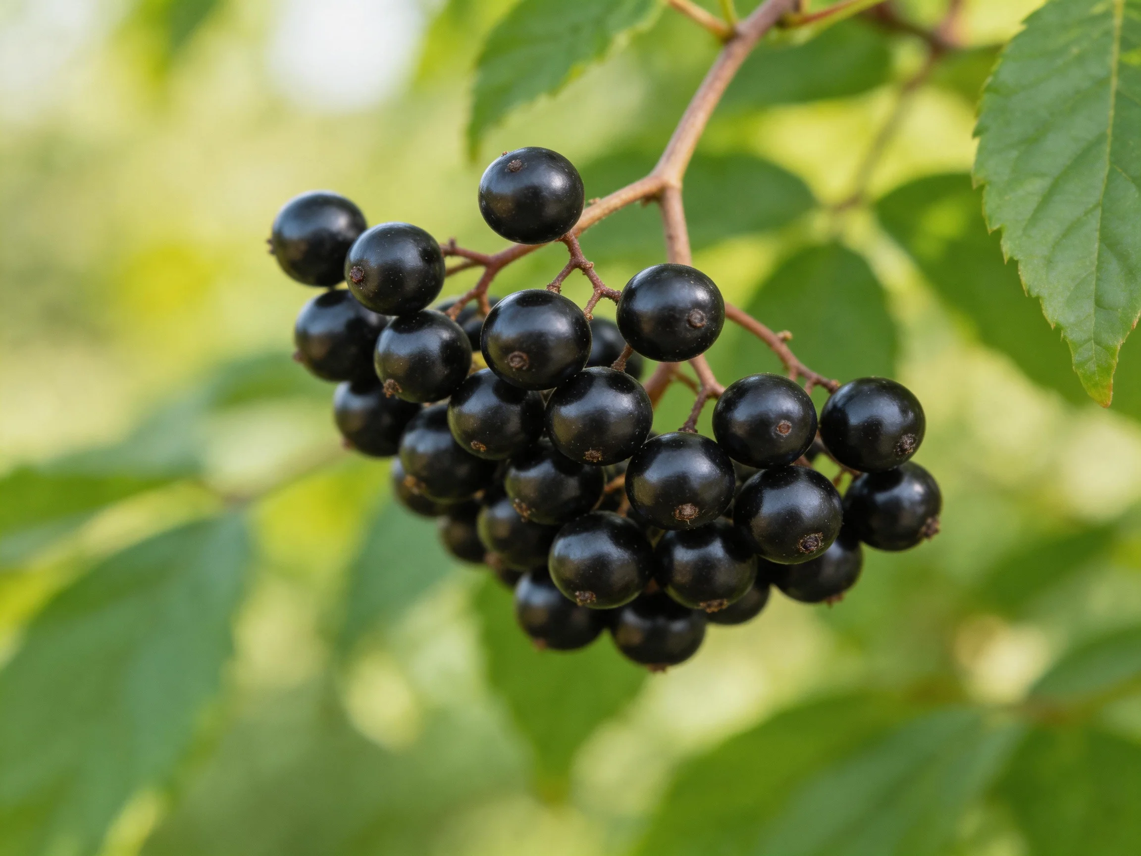 A cluster of glossy black berries hangs from a branch amid green foliage