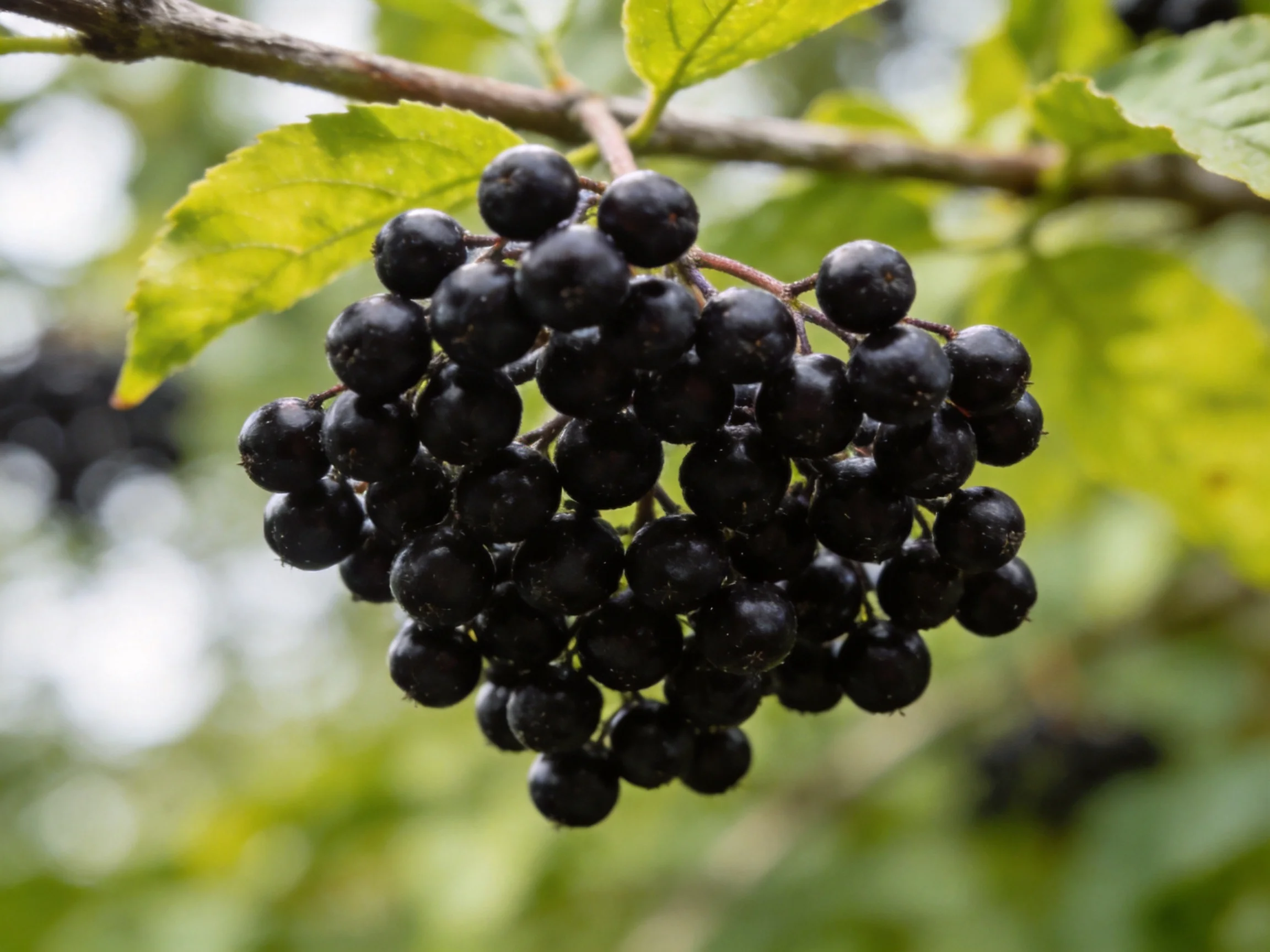 A cluster of glossy black berries hangs from a branch with green foliage