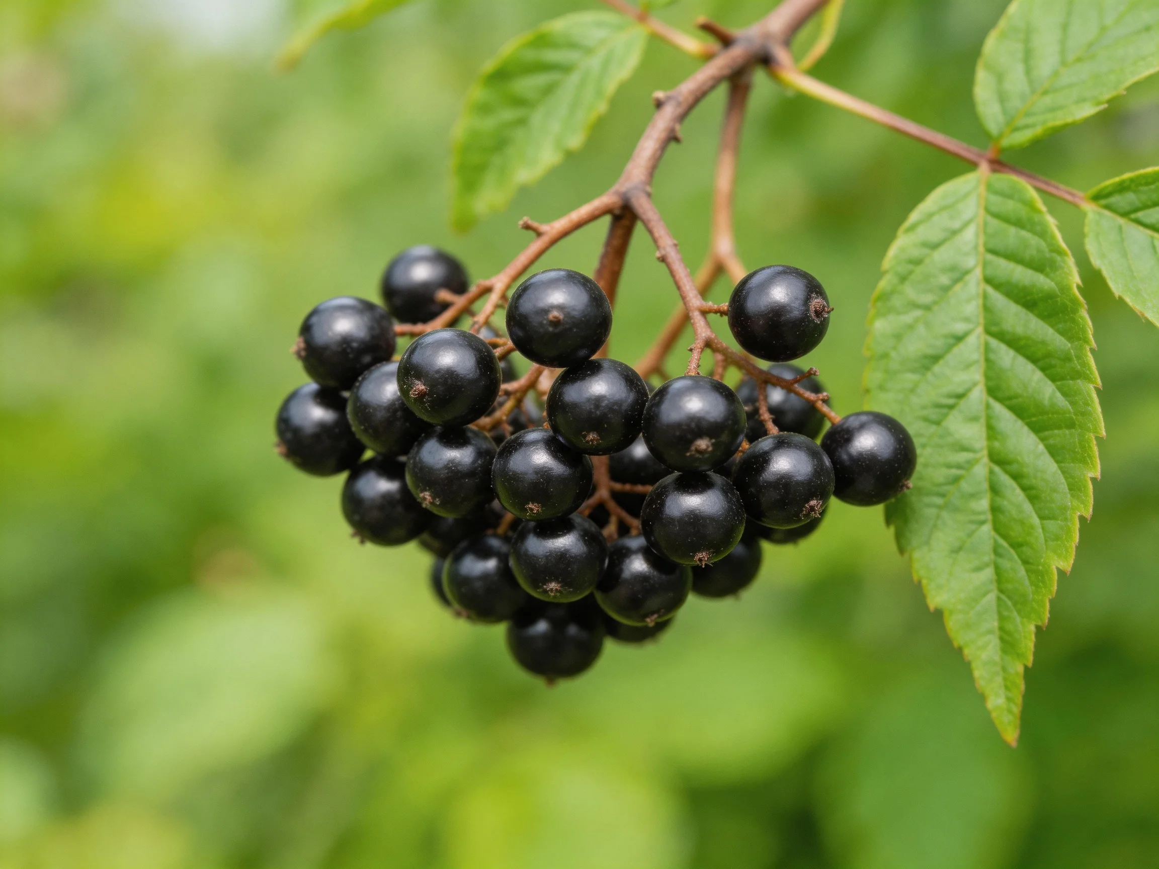 A cluster of glossy black berries hangs from a branch with vibrant green leaves