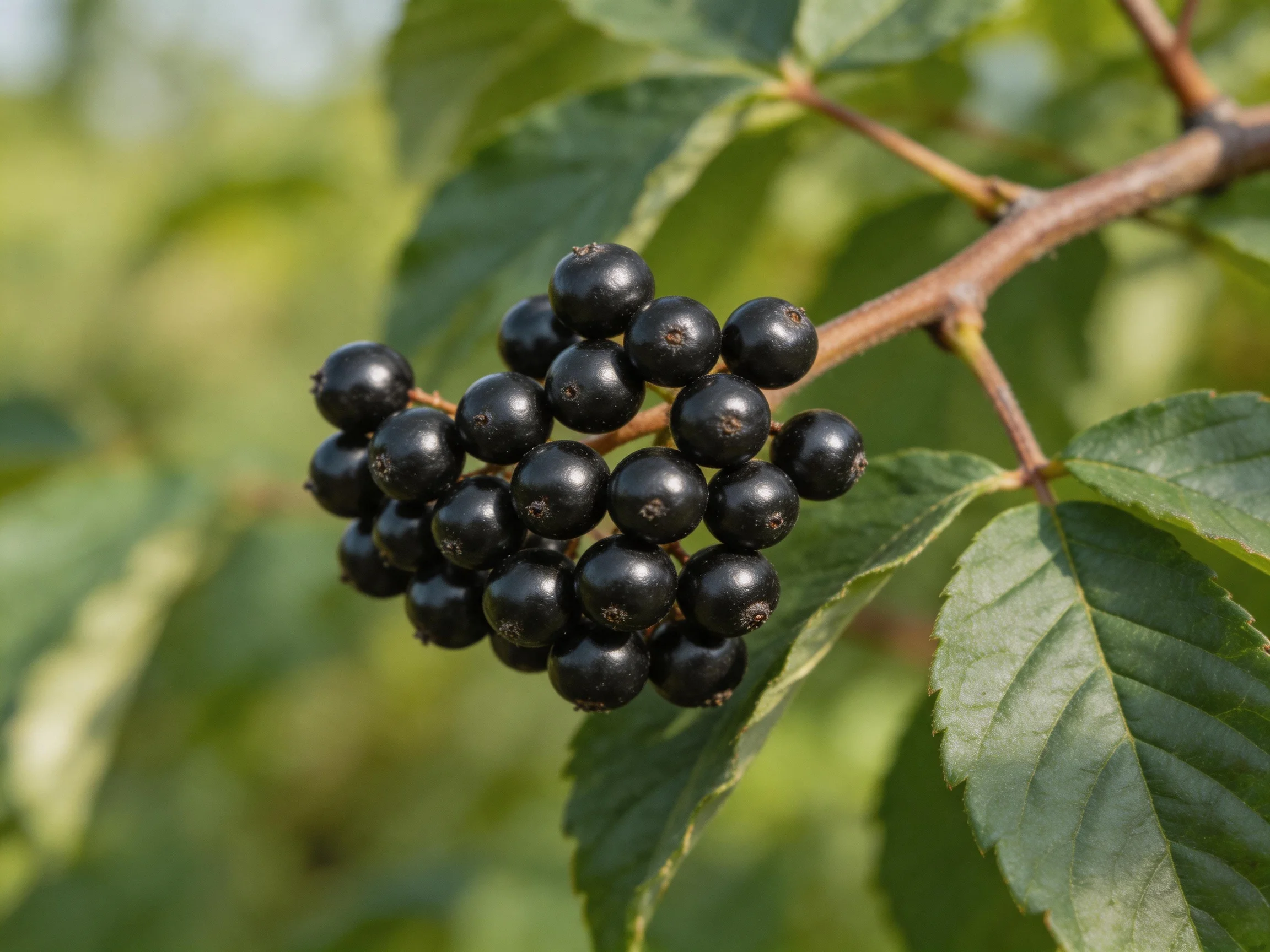 A cluster of glossy black berries hangs from a brown tree branch
