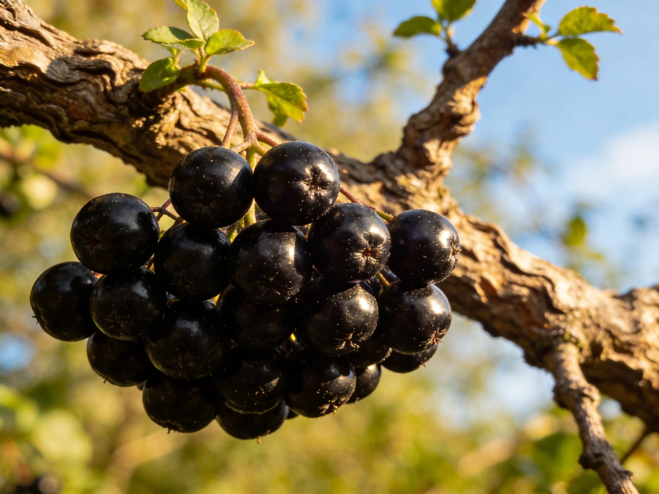 A cluster of glossy black berries hangs from a gnarled tree branch