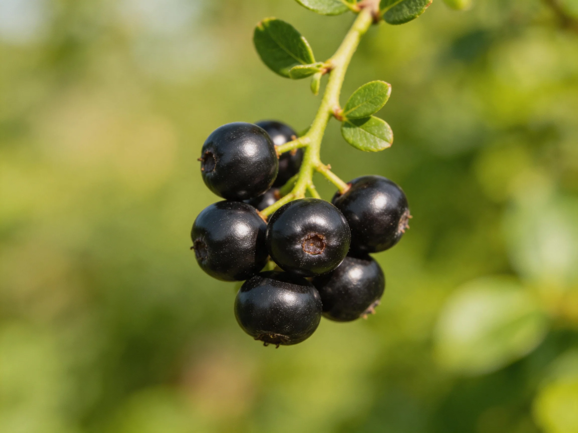 A cluster of glossy black berries hangs from a leafy branch
