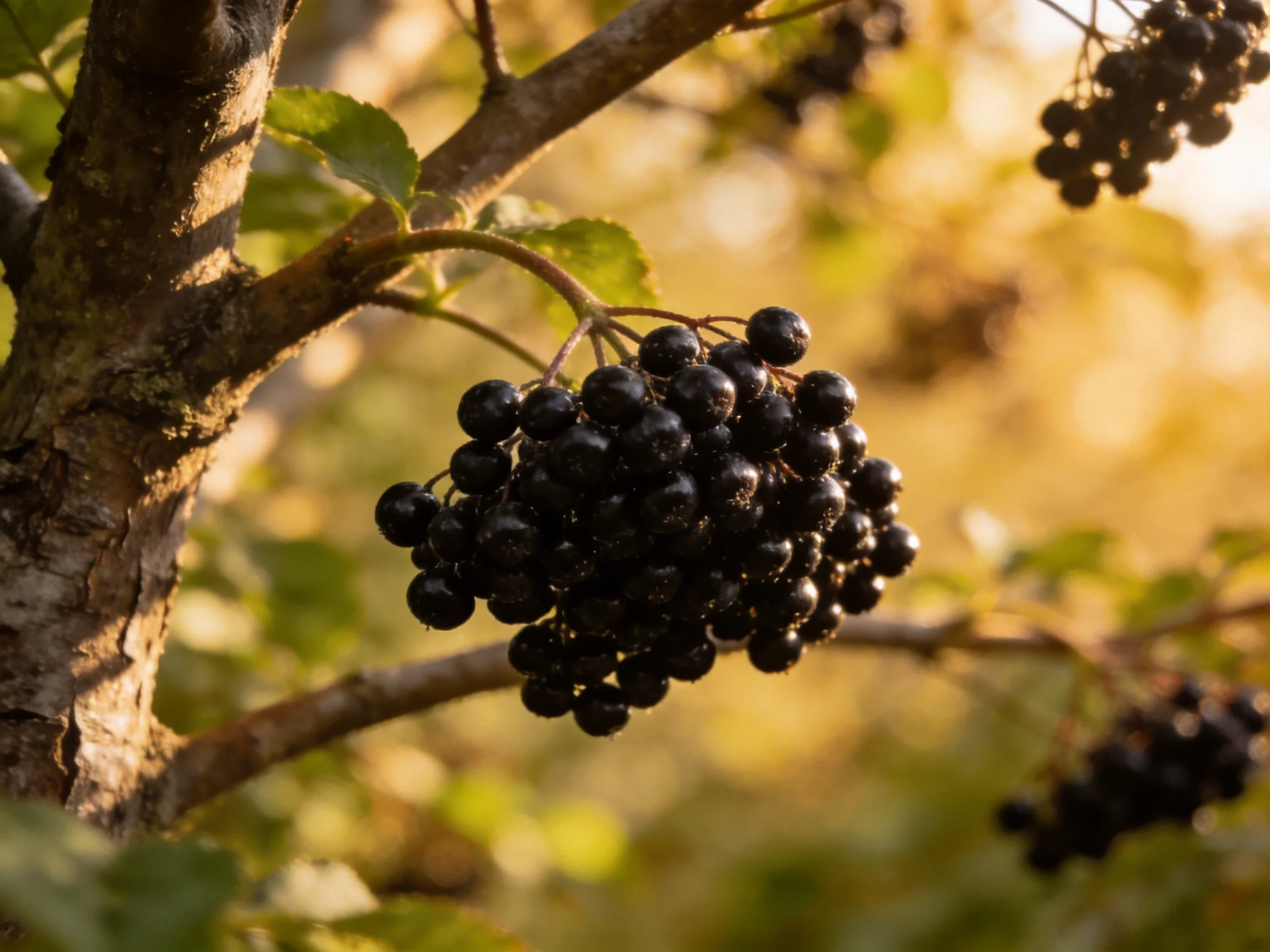 A cluster of glossy black berries hangs from a tree branch in golden light