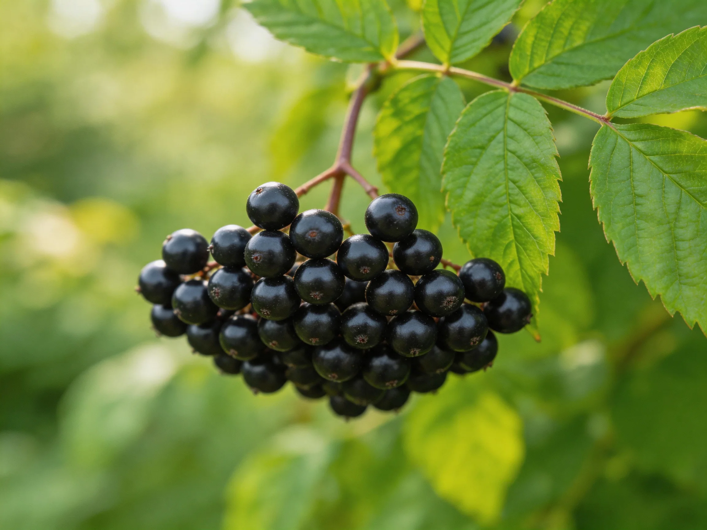 A cluster of glossy black berries hangs from vibrant green foliage