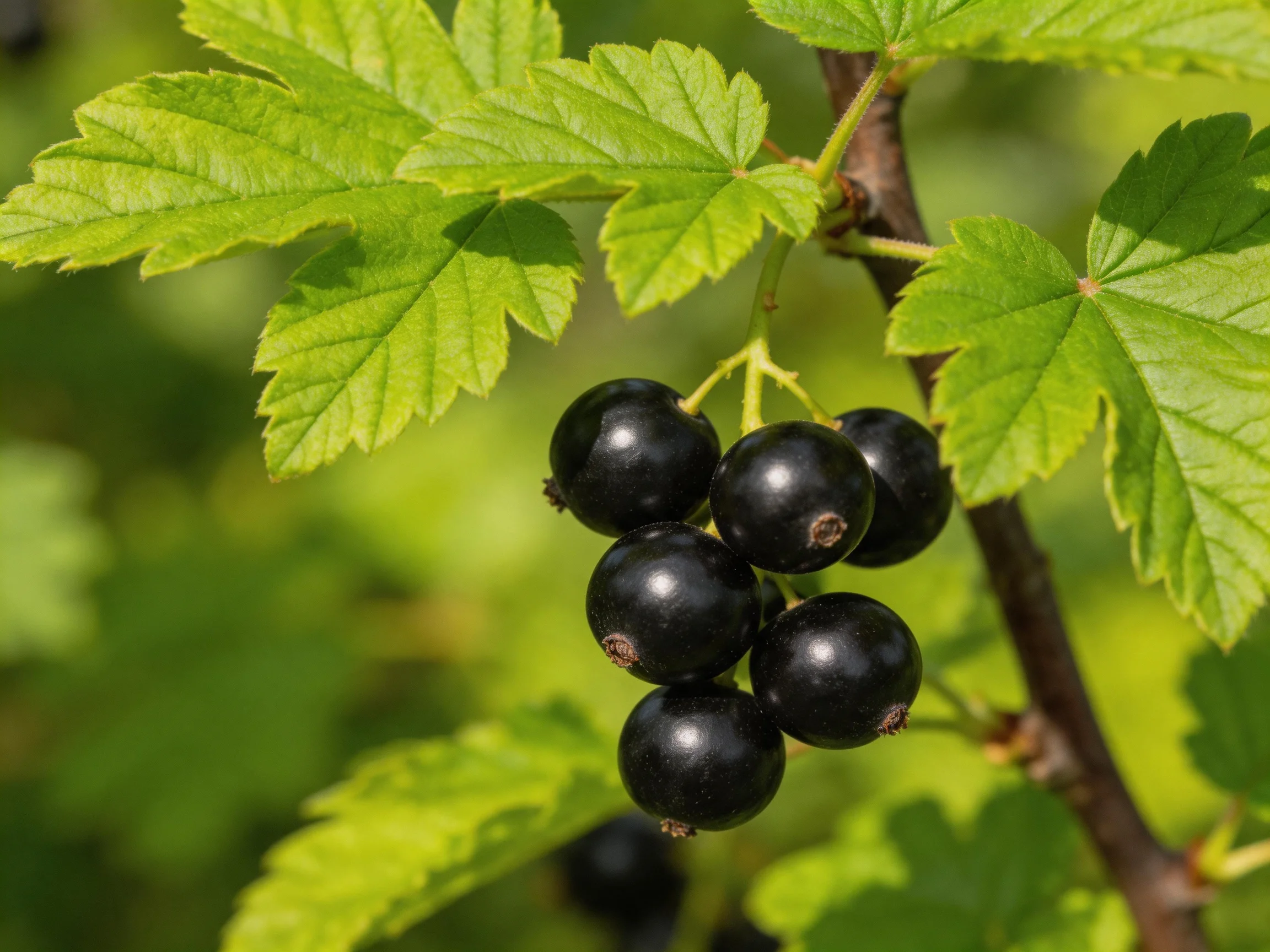A cluster of glossy black currants grows among vibrant green leaves