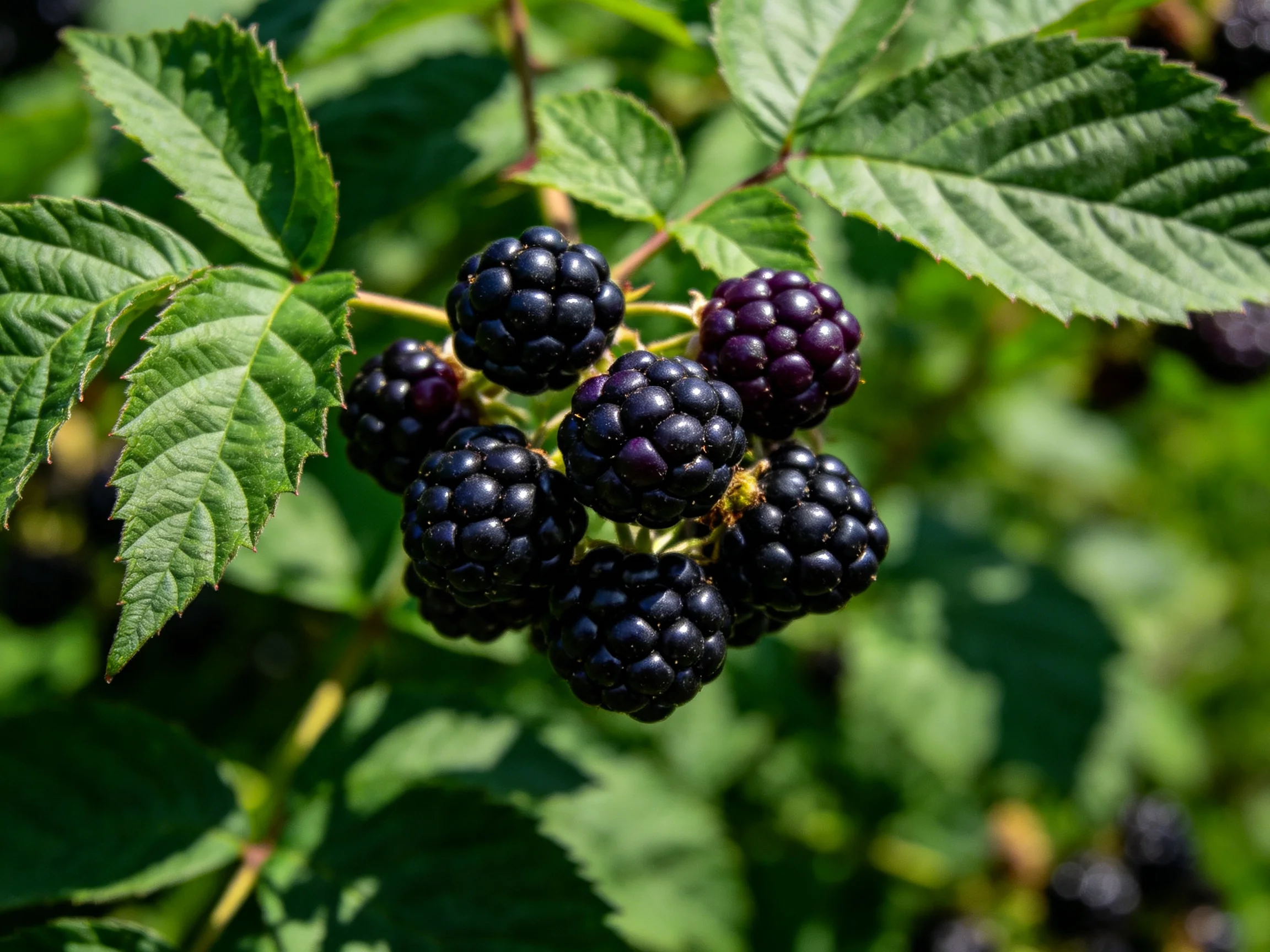 A cluster of glossy blackberries amid lush green foliage
