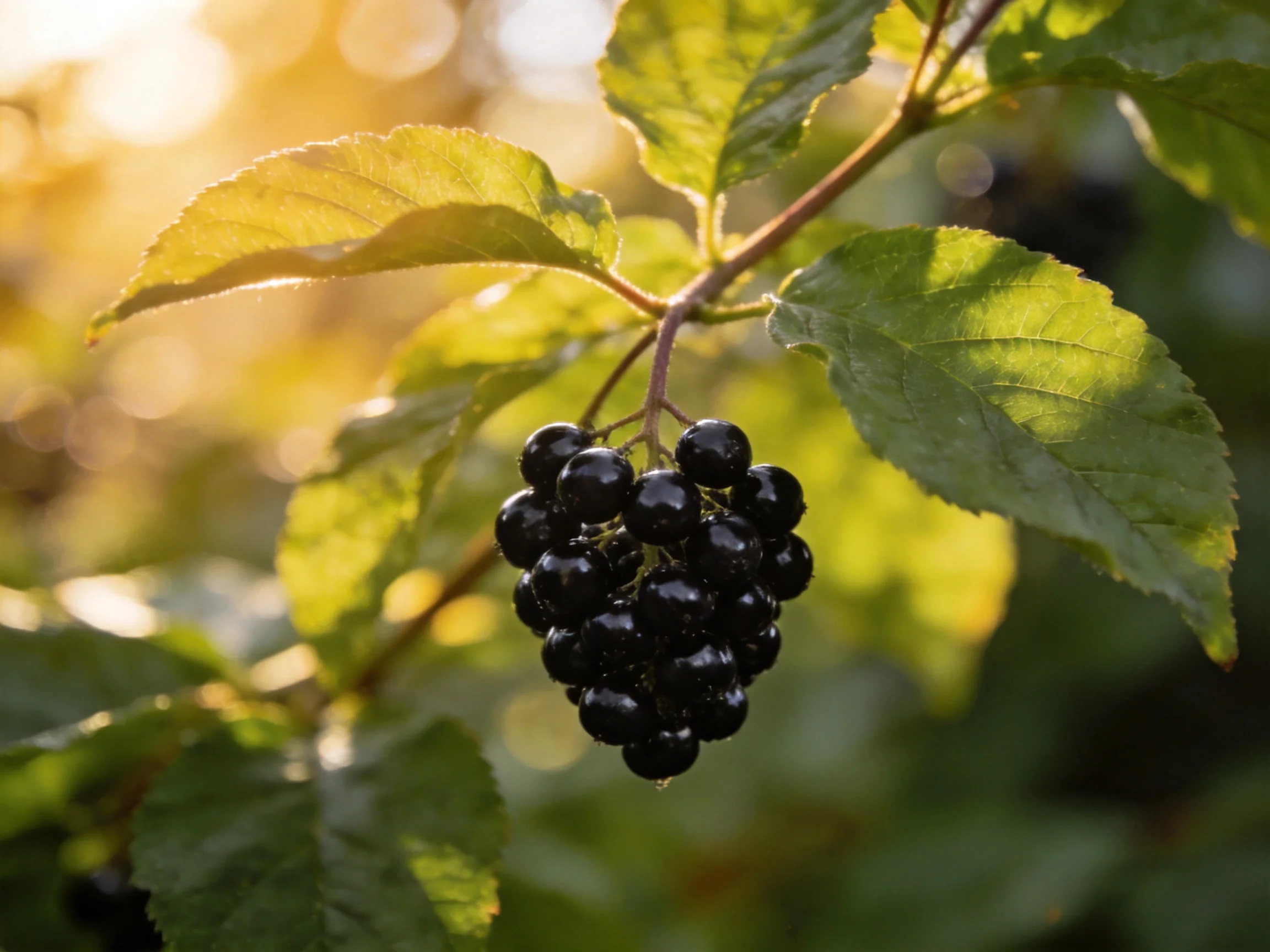 A cluster of glossy blackberries grows on a leafy branch under golden sunlight