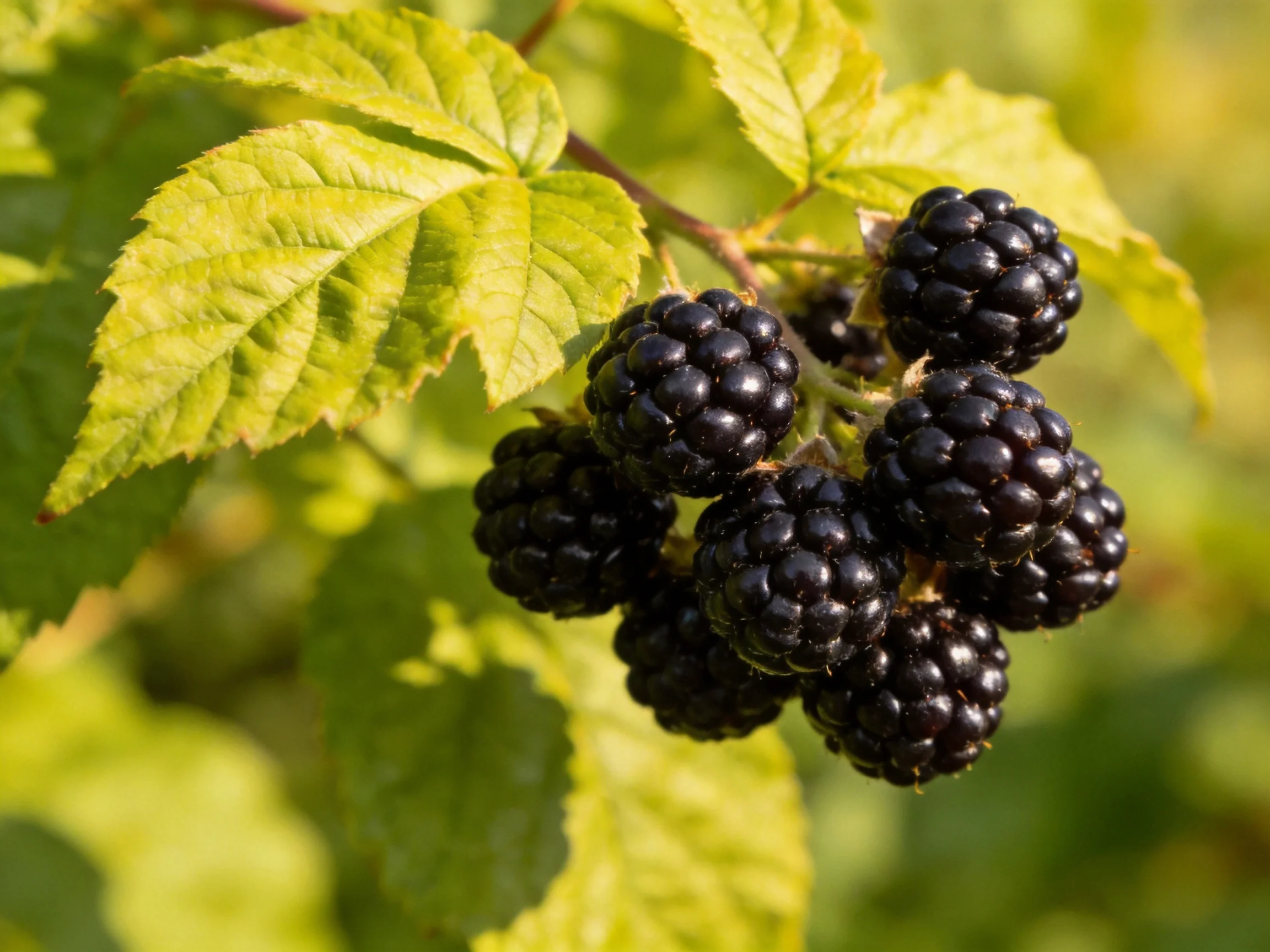 A cluster of glossy blackberries hangs from vibrant green leaves