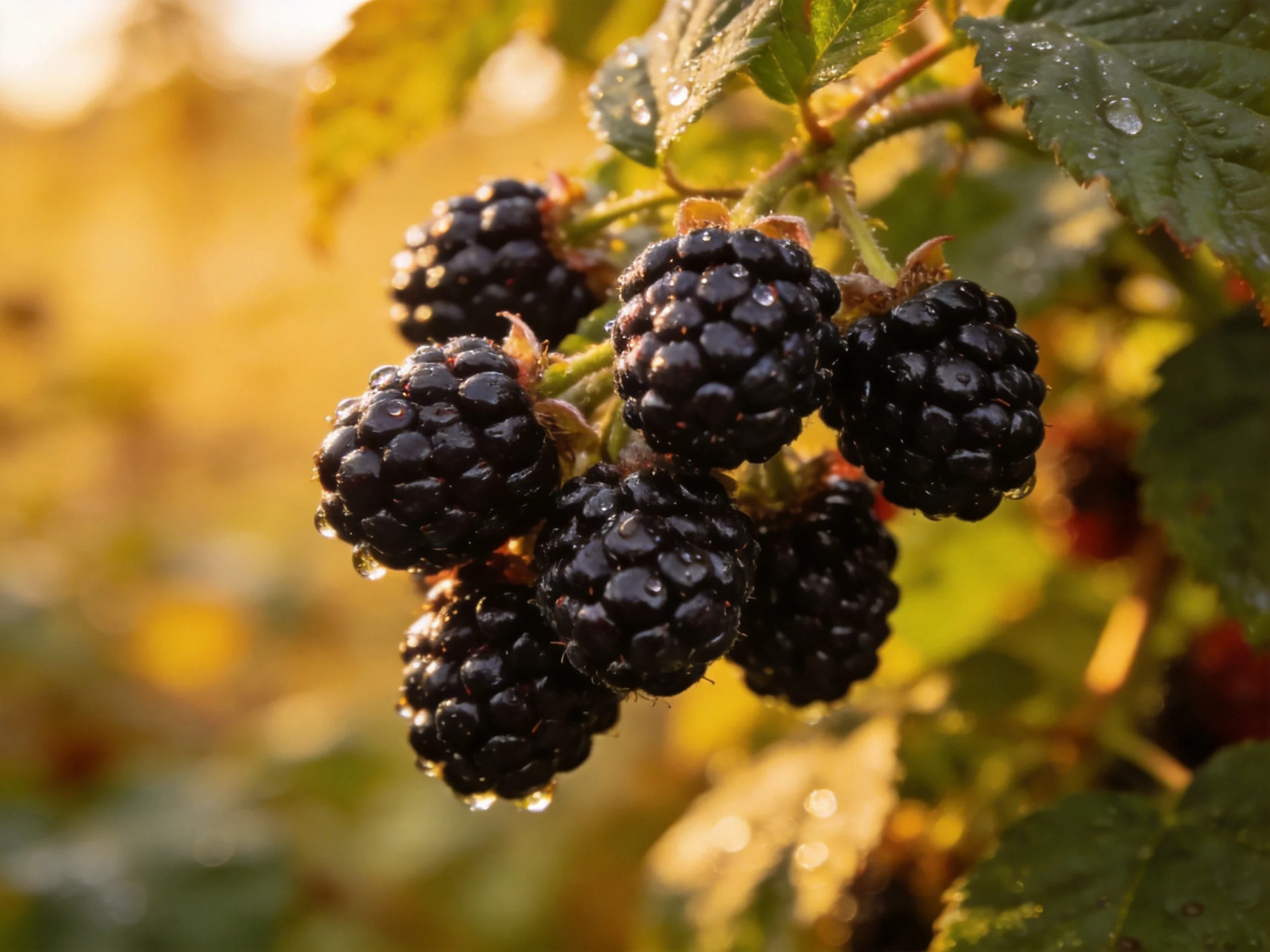 A cluster of glossy blackberries with dew drops ongreen foliage