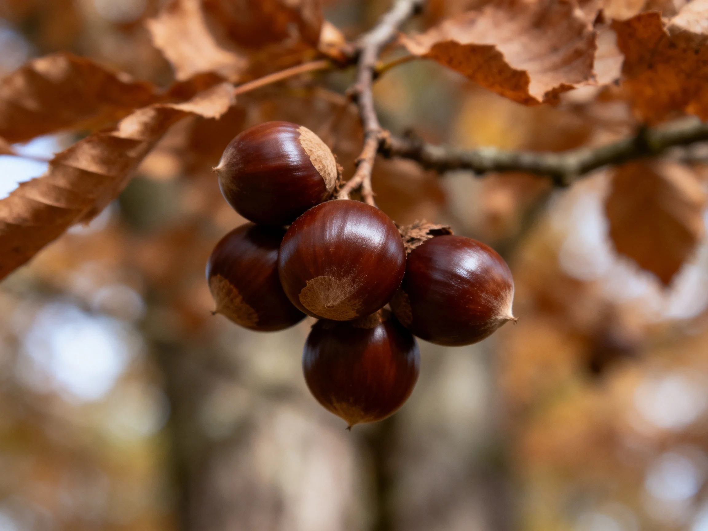 A cluster of glossy brown chestnuts on an autumn tree branch