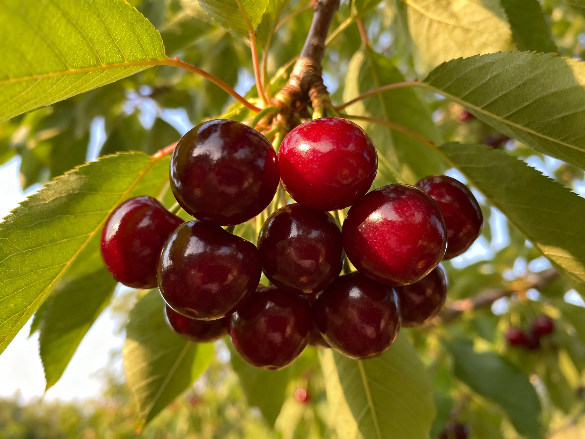 A cluster of glossy dark and bright red cherries hangs from a tree branch