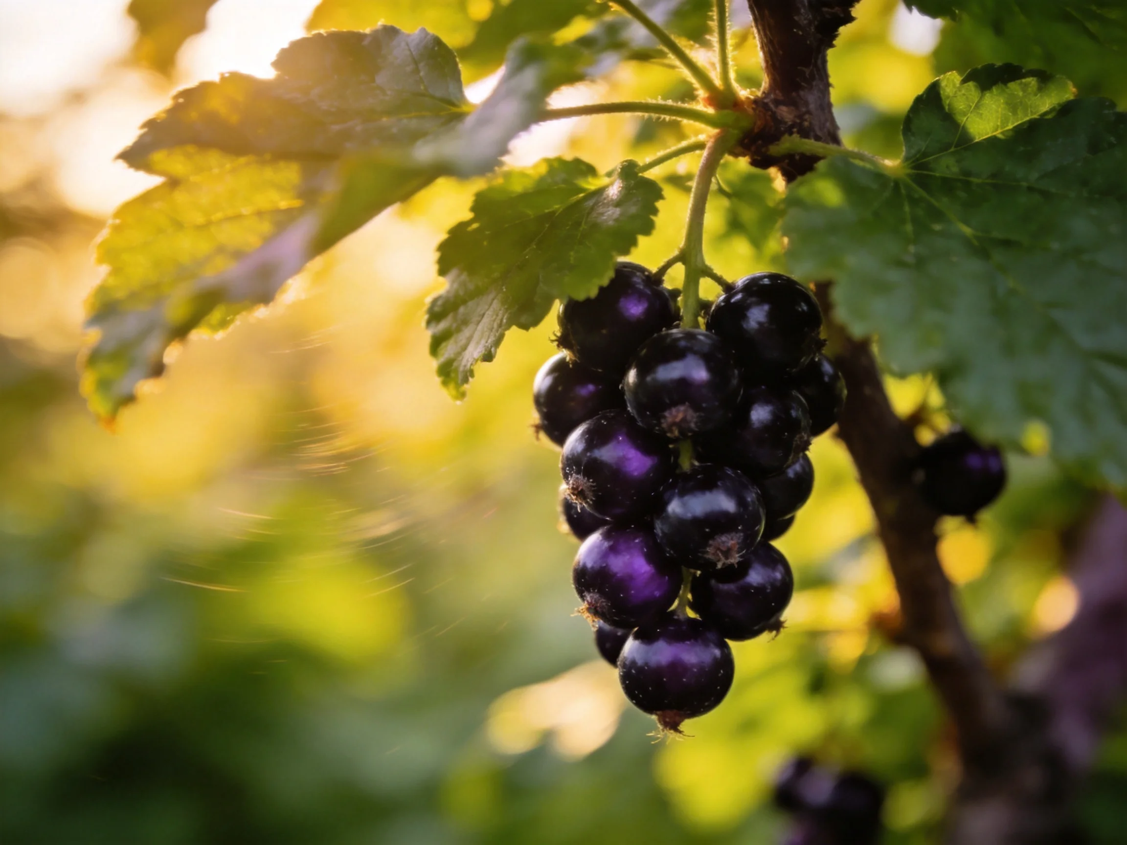 A cluster of glossy dark purple berries hangs from a branch with green foliage