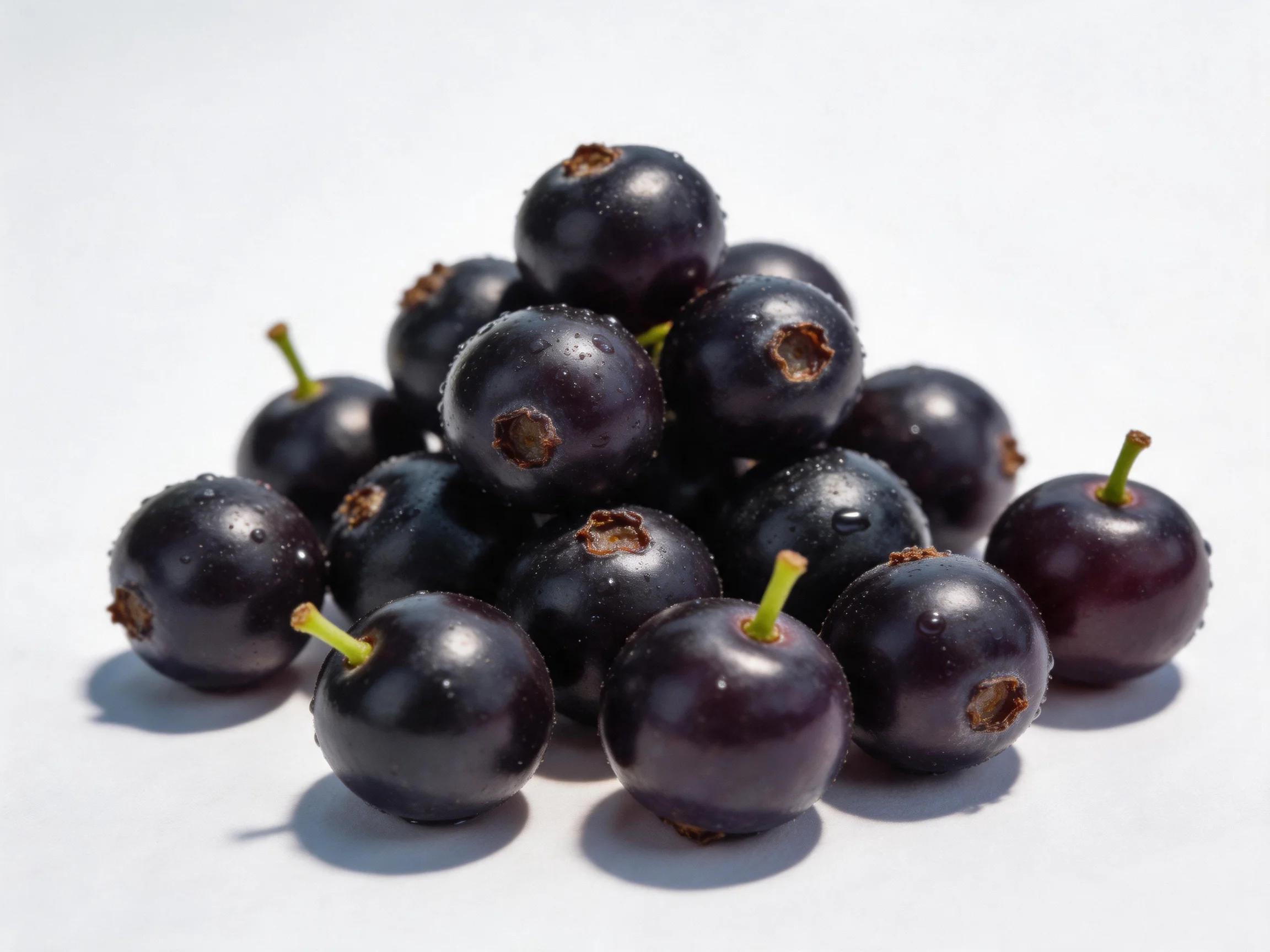 A cluster of glossy dark purple berries piled on a white surface