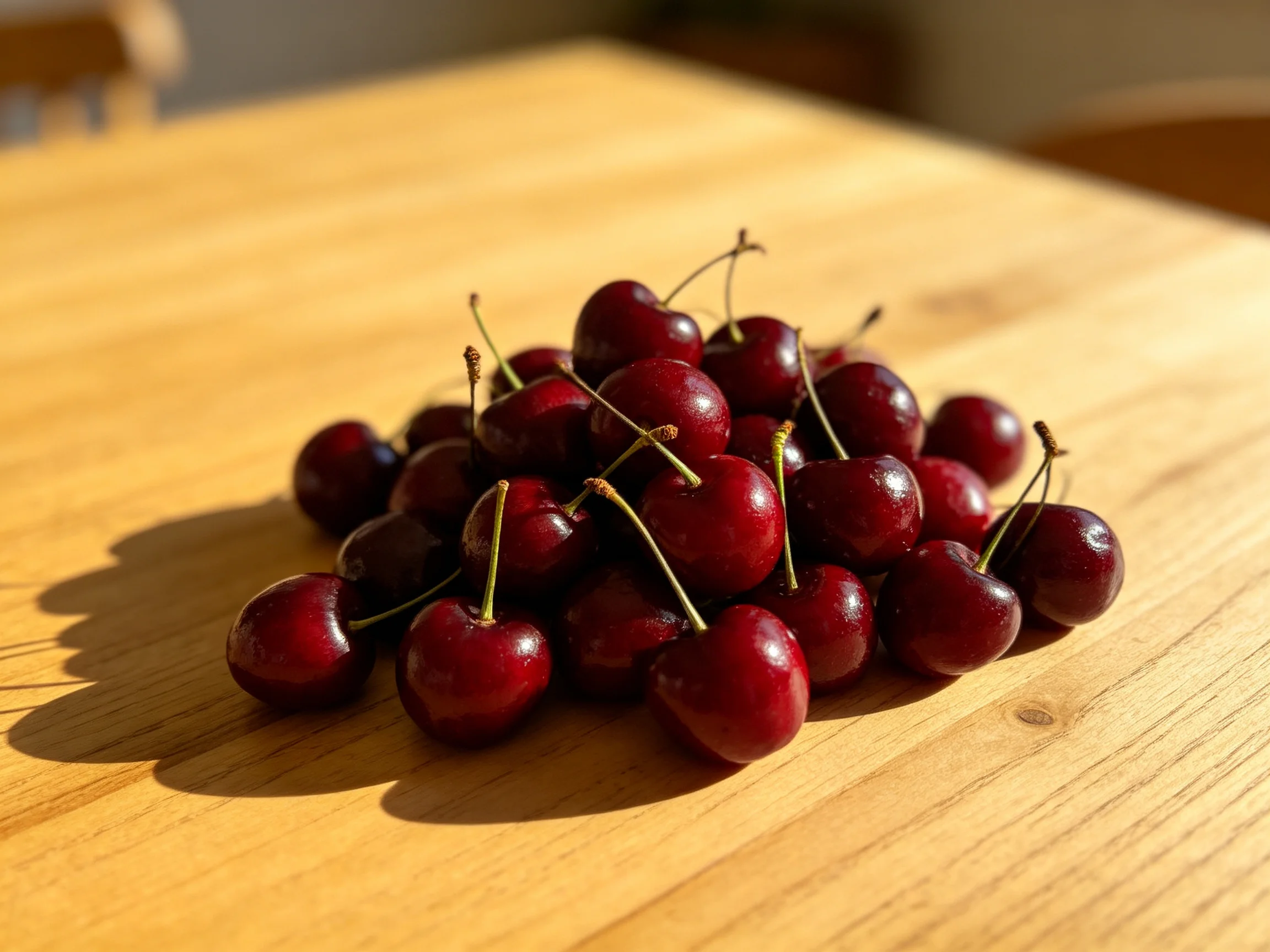A cluster of glossy dark red cherries arranged on a wooden table