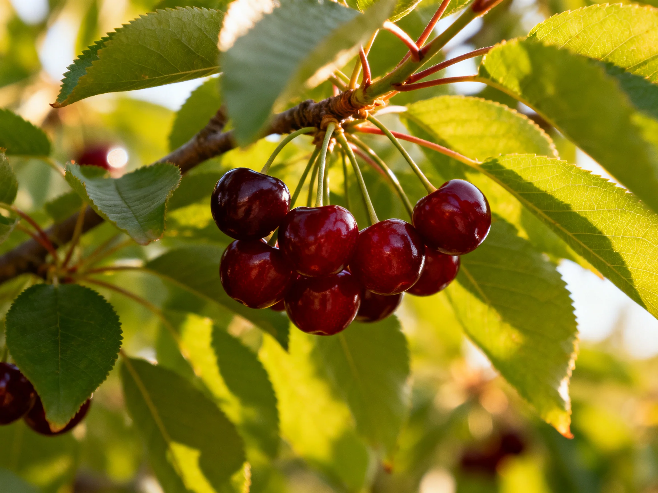 A cluster of glossy dark red cherries hangs among vibrant green leaves