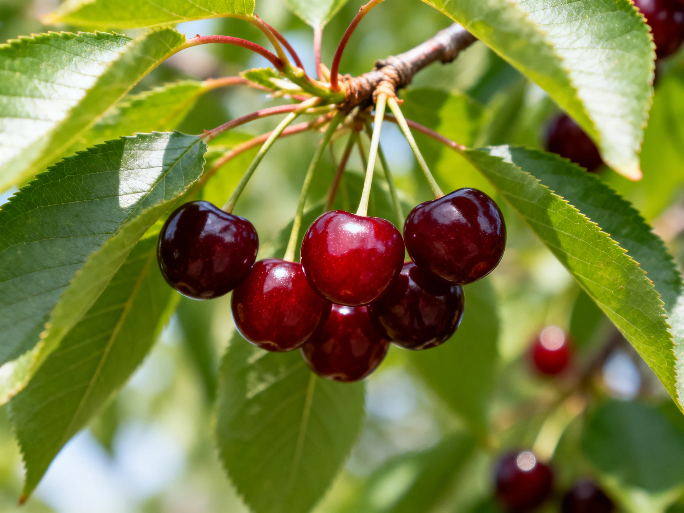 A cluster of glossy dark red cherries hangs from a branch