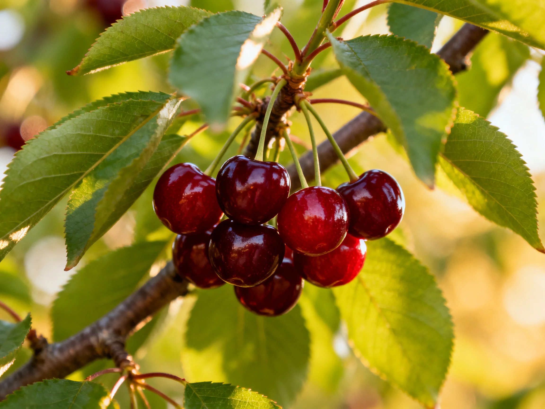 A cluster of glossy dark red cherries hangs from a tree branch