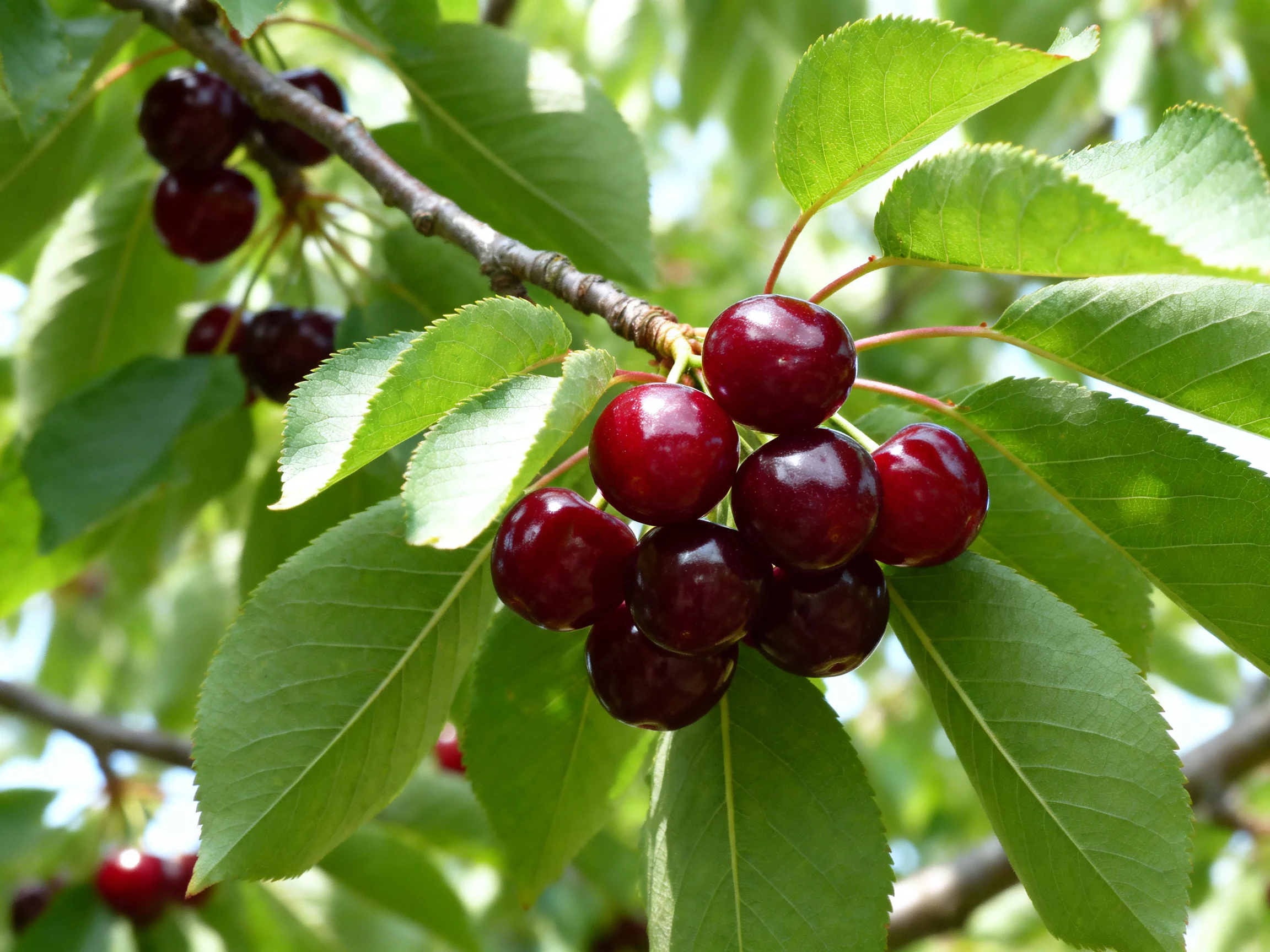 A cluster of glossy dark red cherries on a tree branch