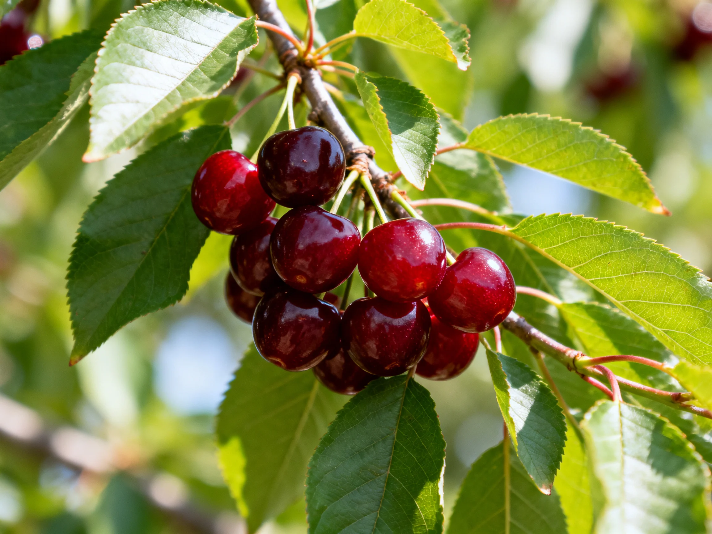A cluster of glossy dark red cherries on a tree branch