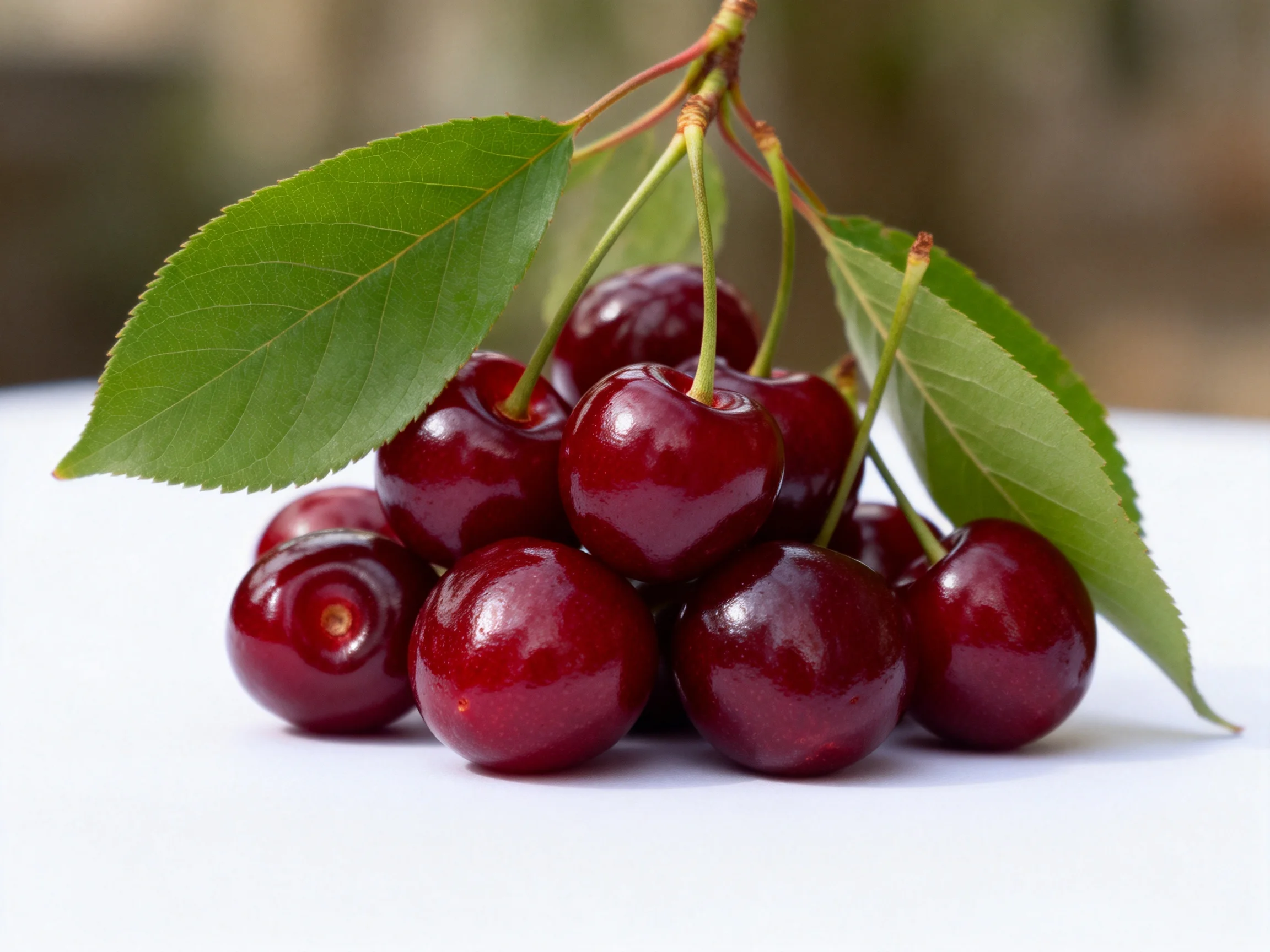 A cluster of glossy dark red cherries with vibrant green leaves