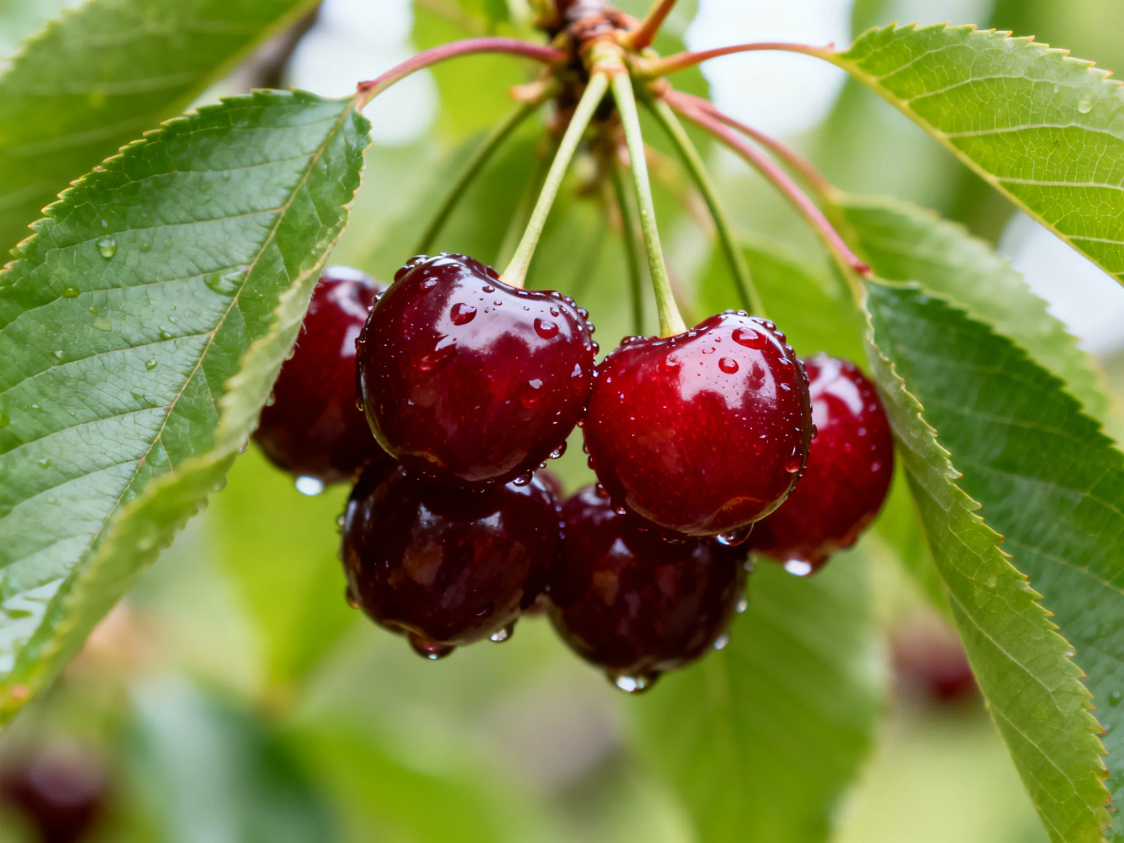 A cluster of glossy dark red cherries with water droplets among green leaves