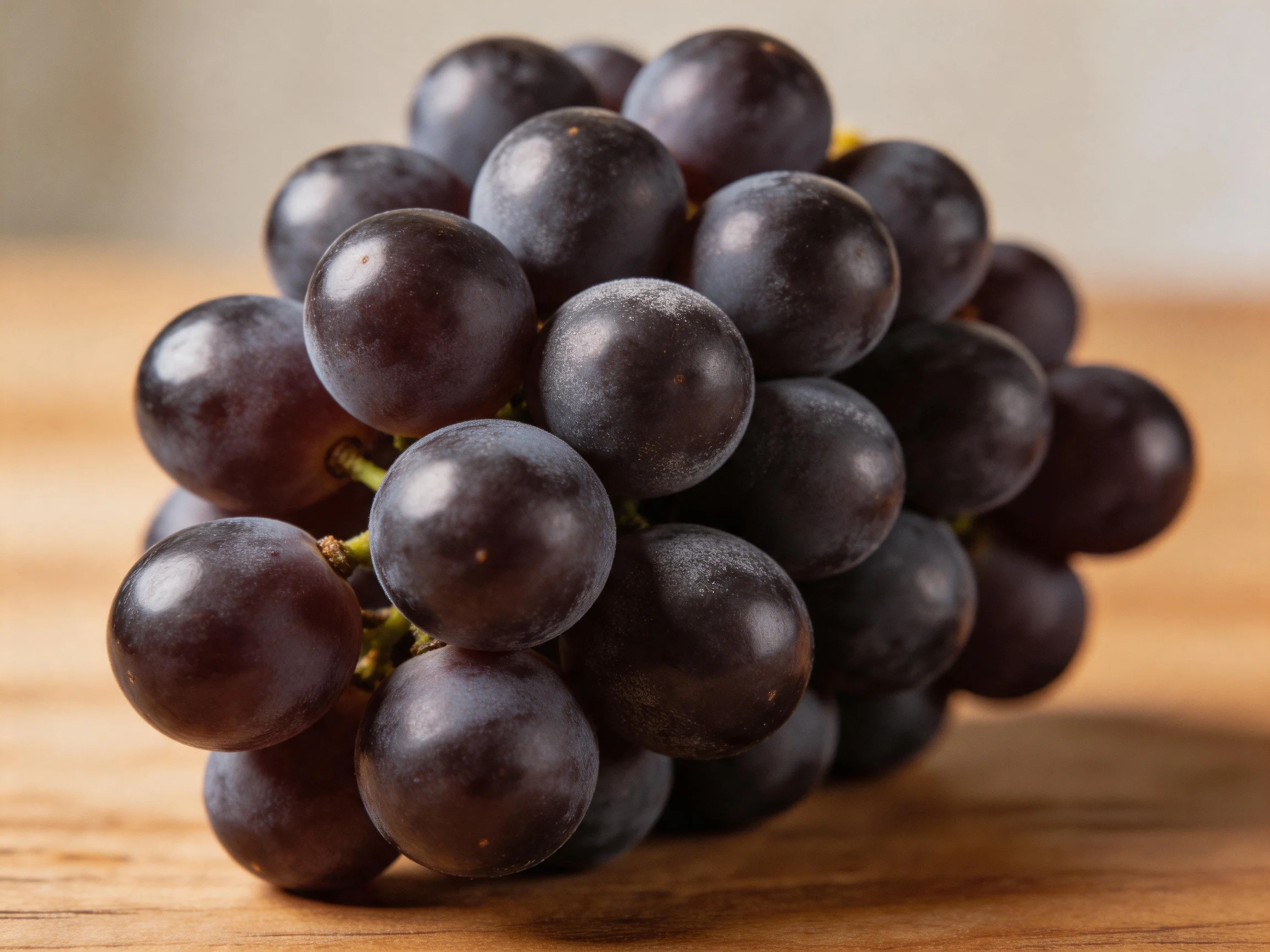 A cluster of glossy, deep-purple grapes resting on a wooden surface