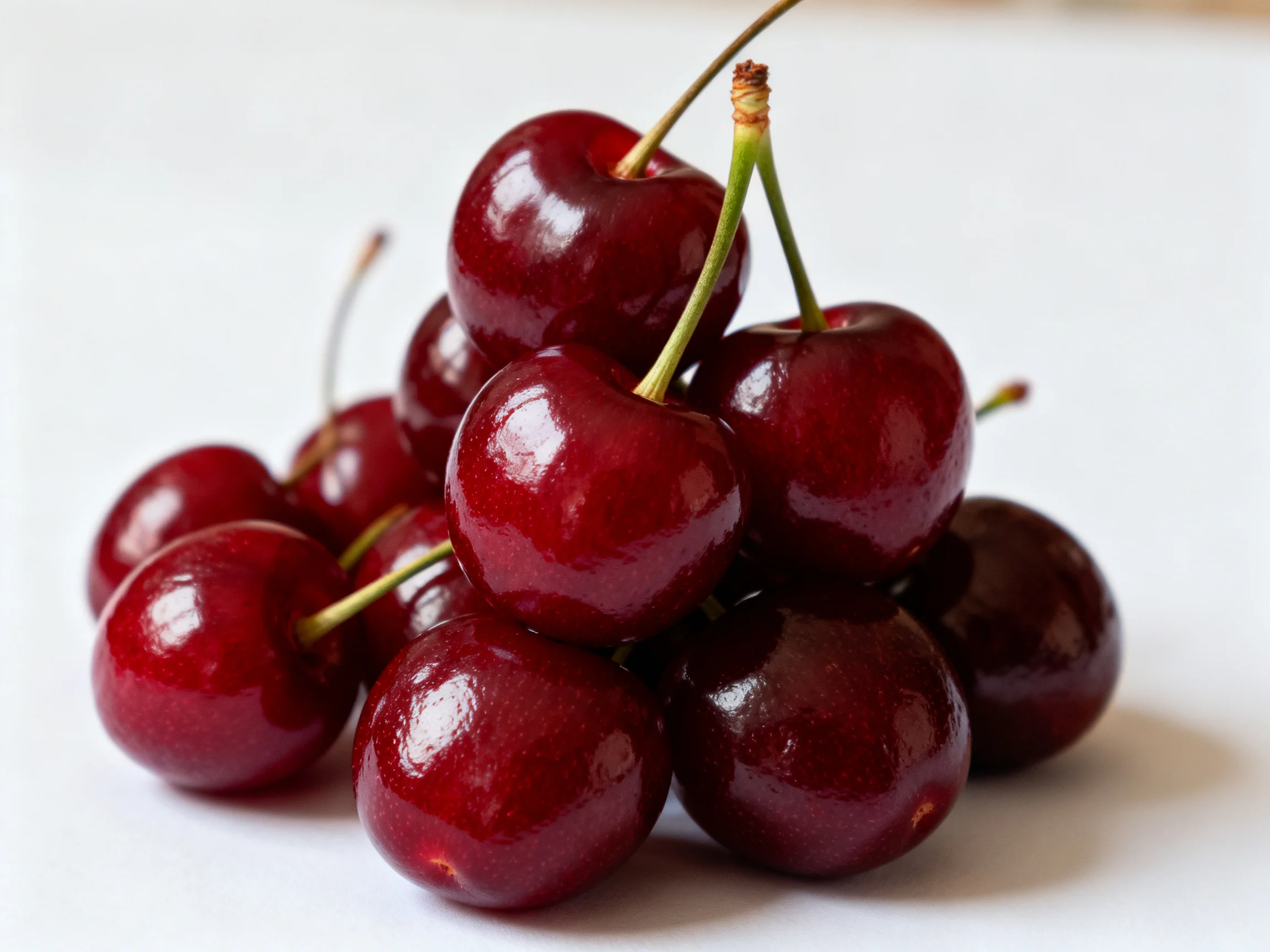 A cluster of glossy deep red cherries arranged in a pile