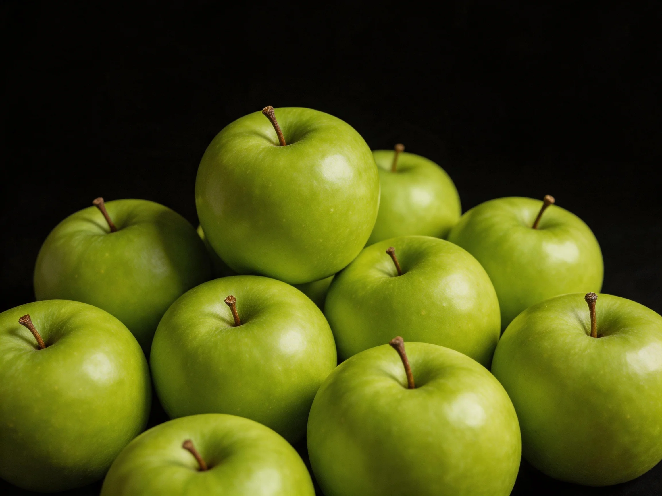 A cluster of glossy green apples arranged on a dark surface