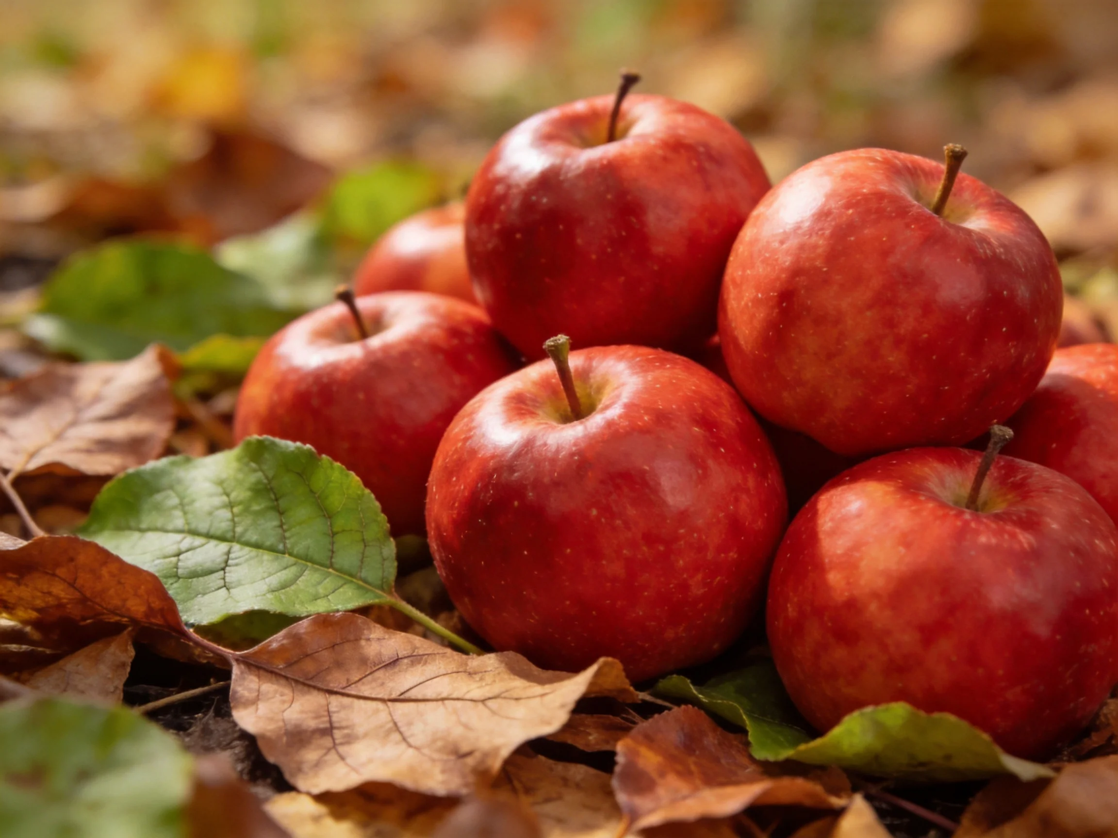 A cluster of glossy red apples nestled among autumn leaves