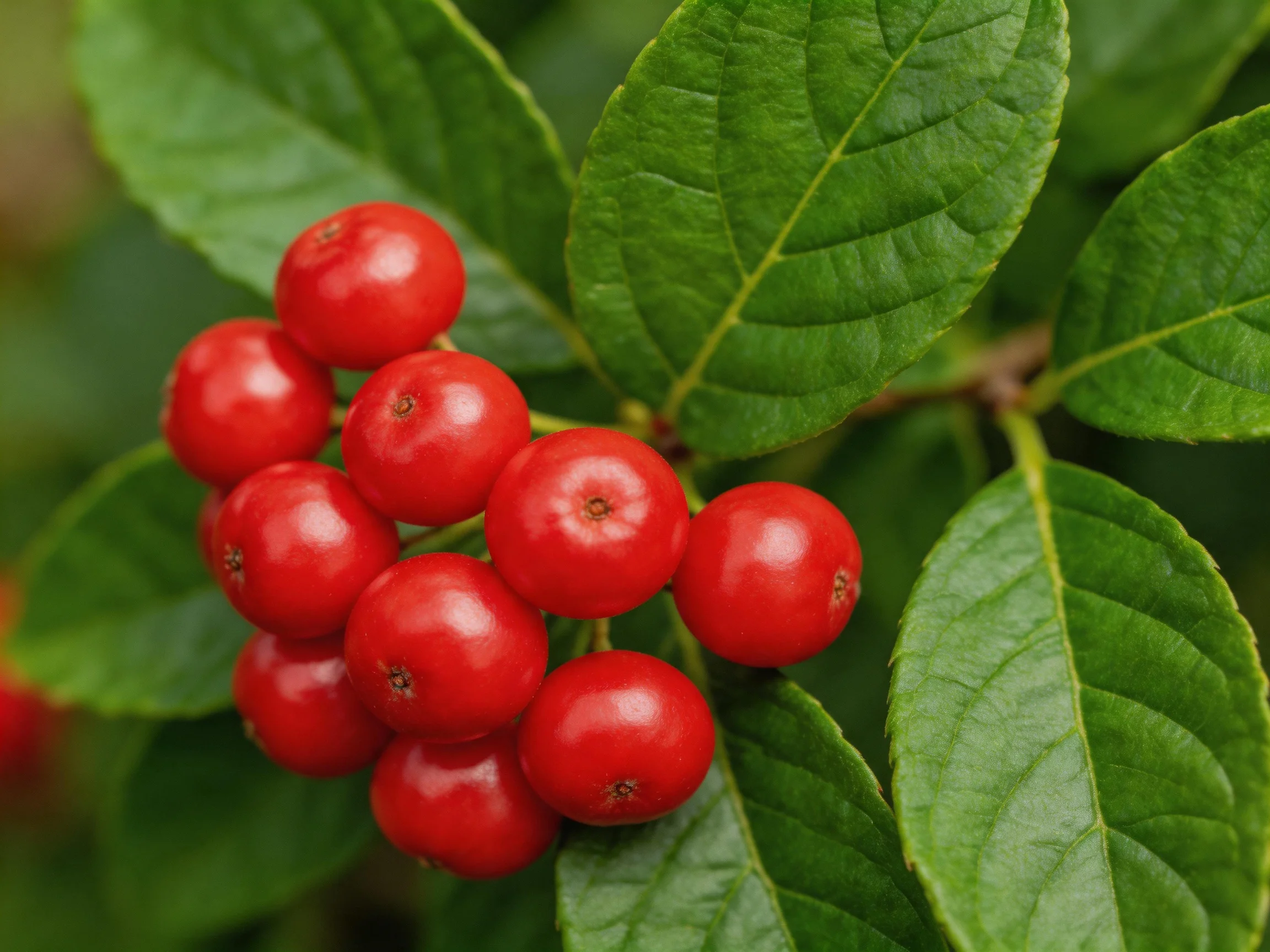 A cluster of glossy red berries surrounded by lush green leaves