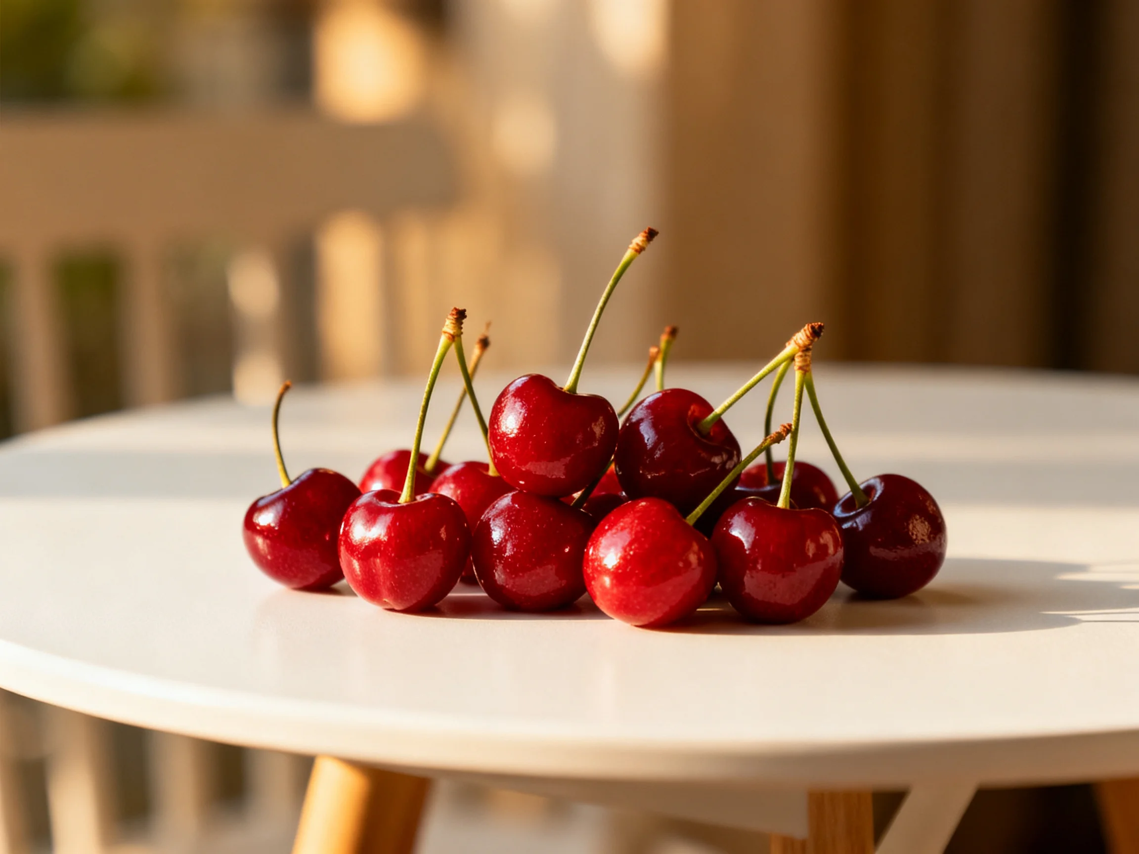 A cluster of glossy red cherries arranged on a white table