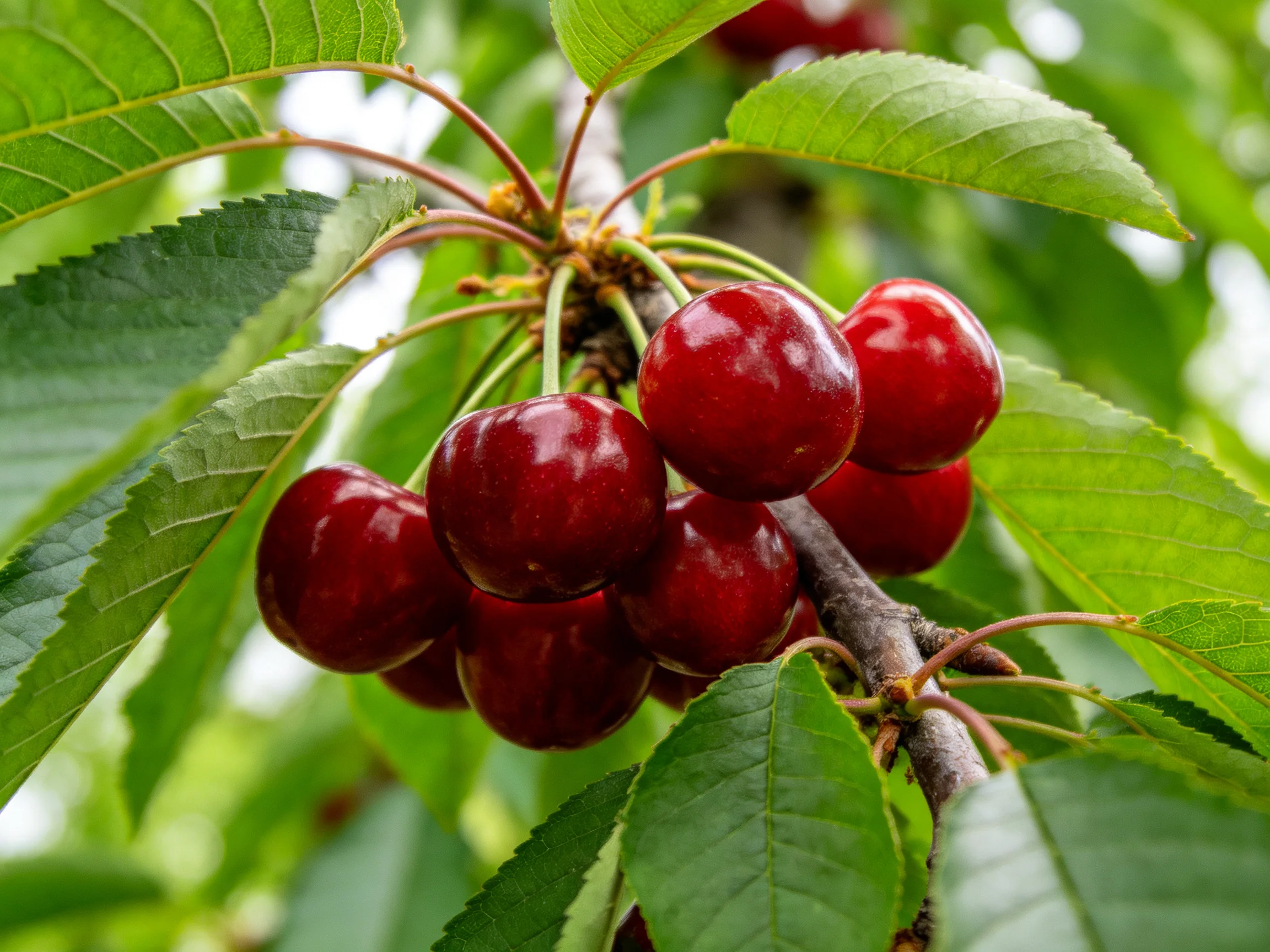 A cluster of glossy red cherries grows among lush green leaves