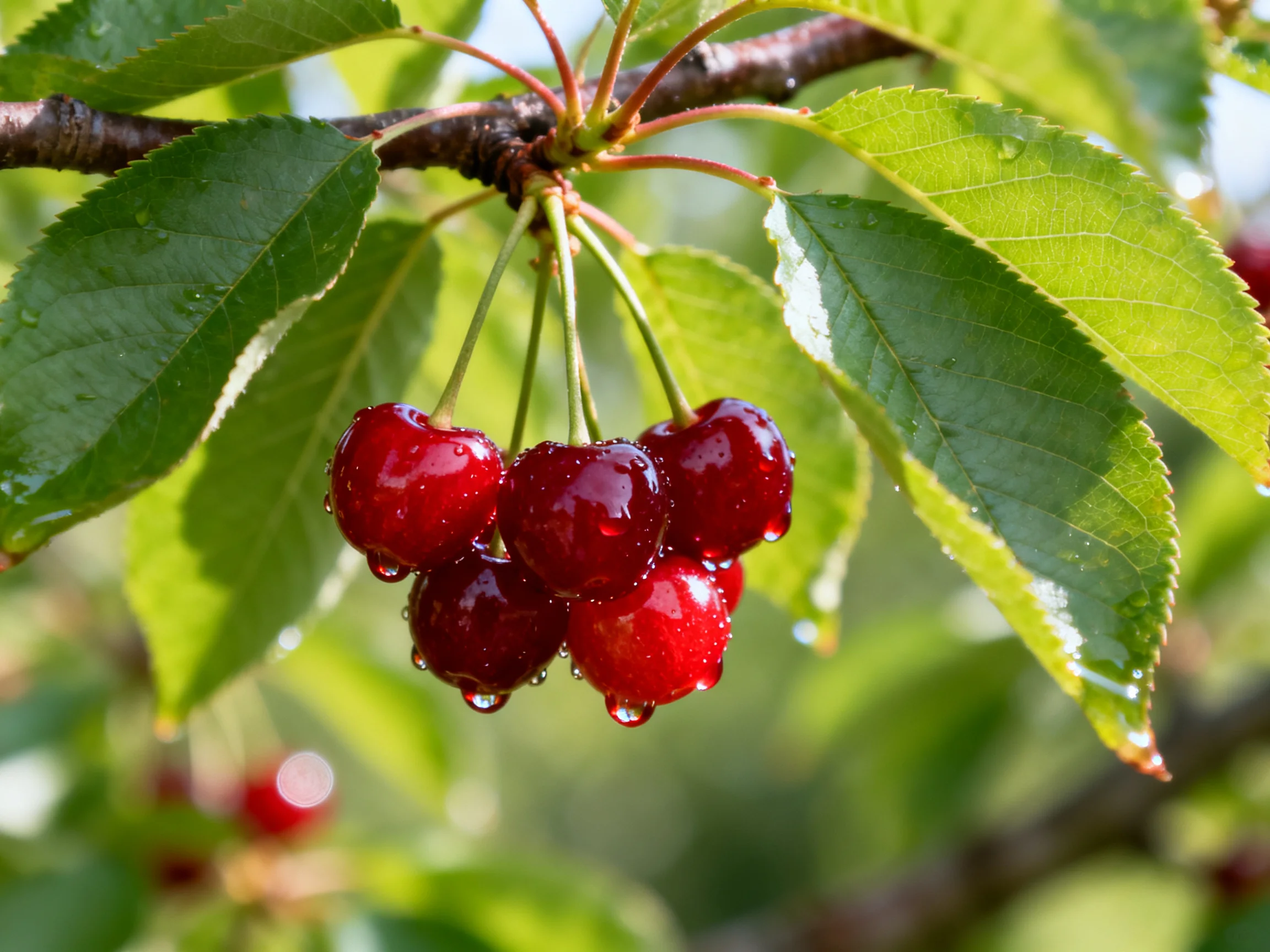 A cluster of glossy red cherries hangs from a tree branch