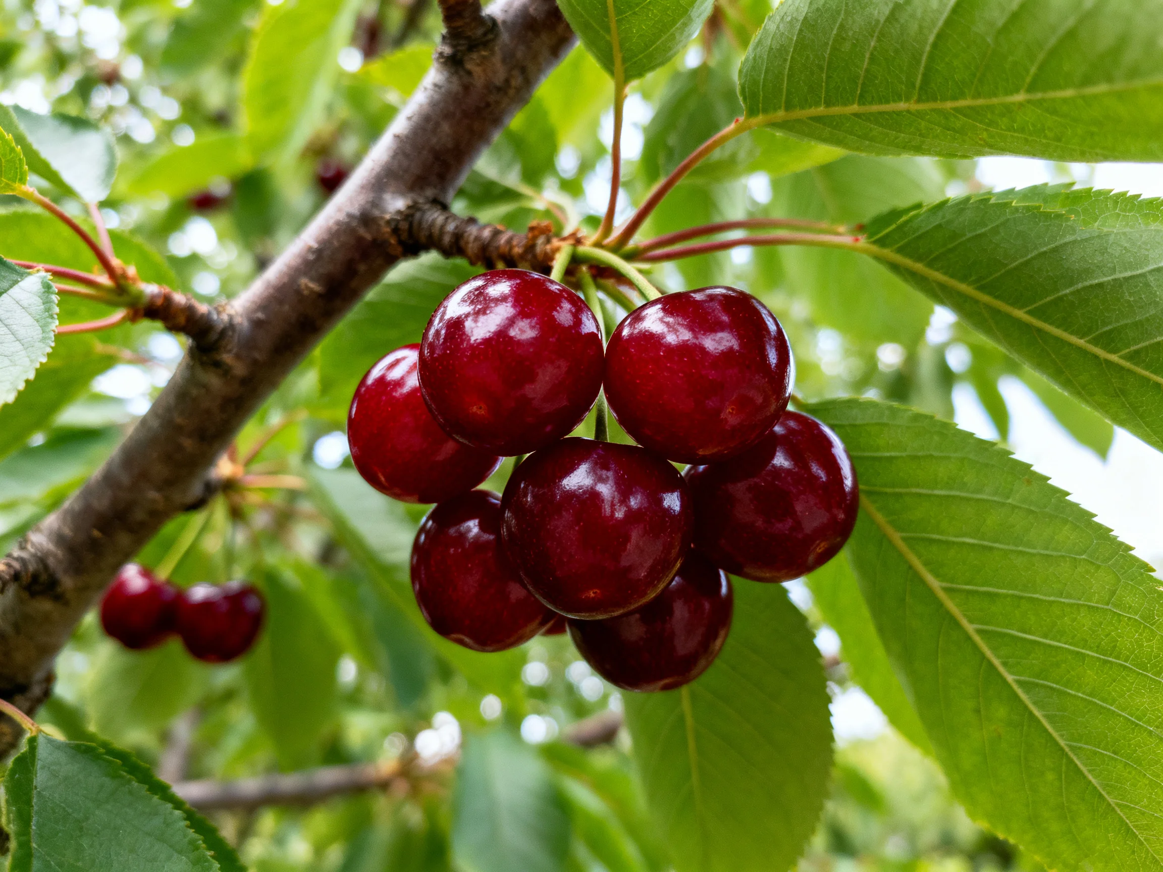 A cluster of glossy red cherries hangs from a tree branch