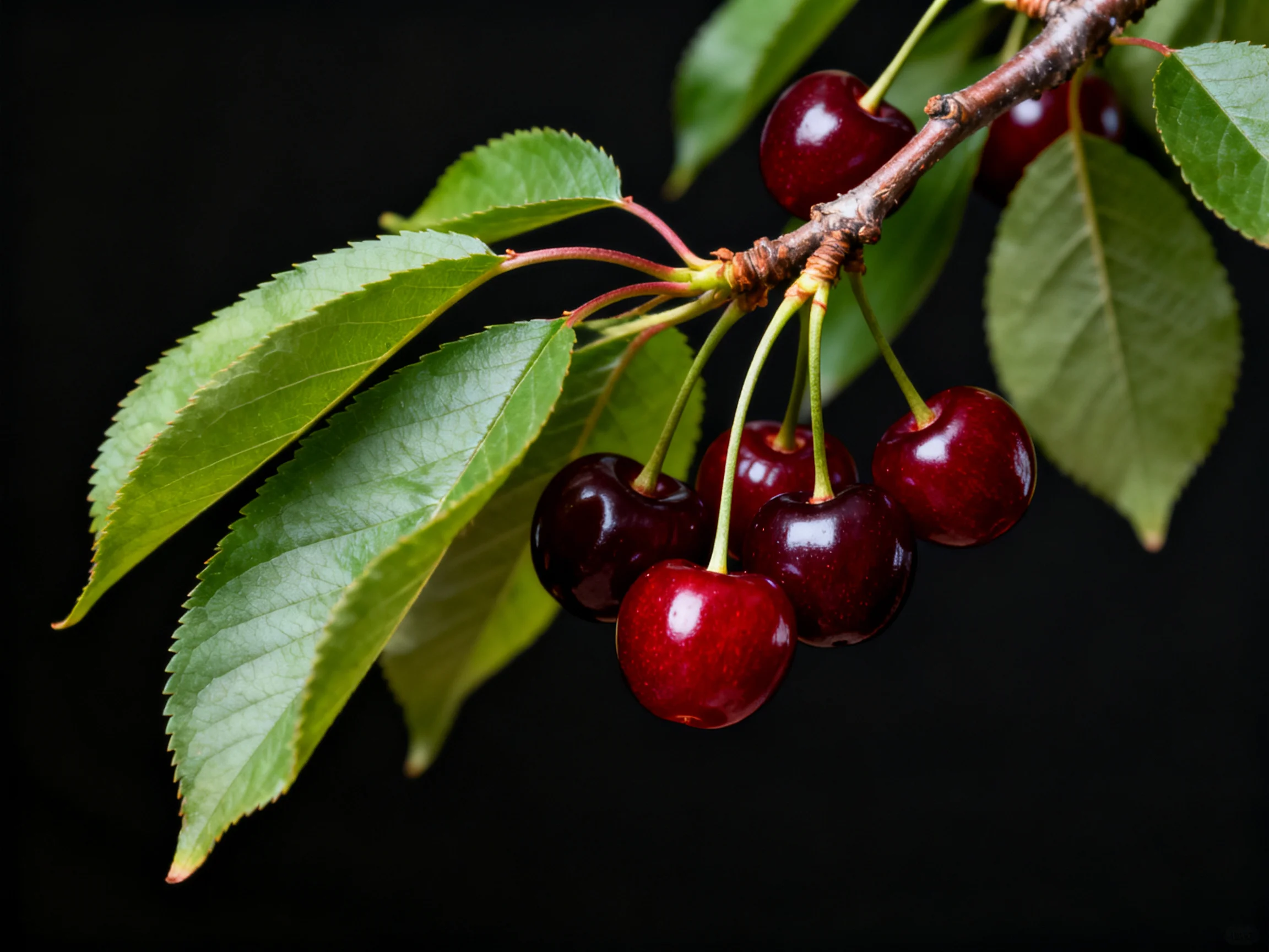 A cluster of glossy red cherries on a leafy branch against a black backdrop