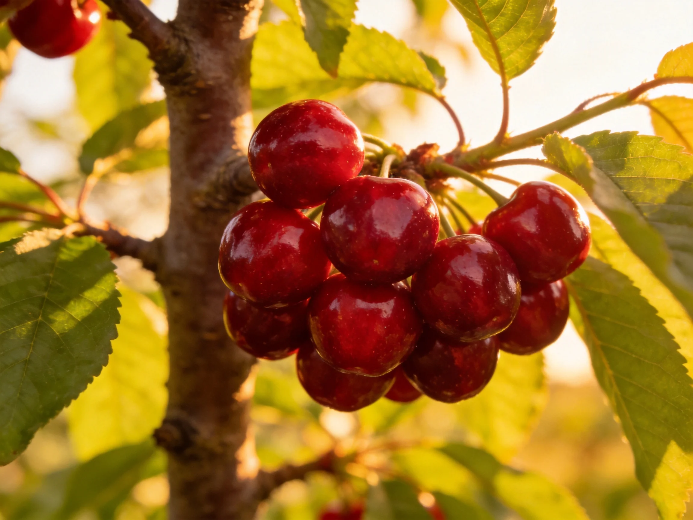 A cluster of glossy red cherries on a tree branch