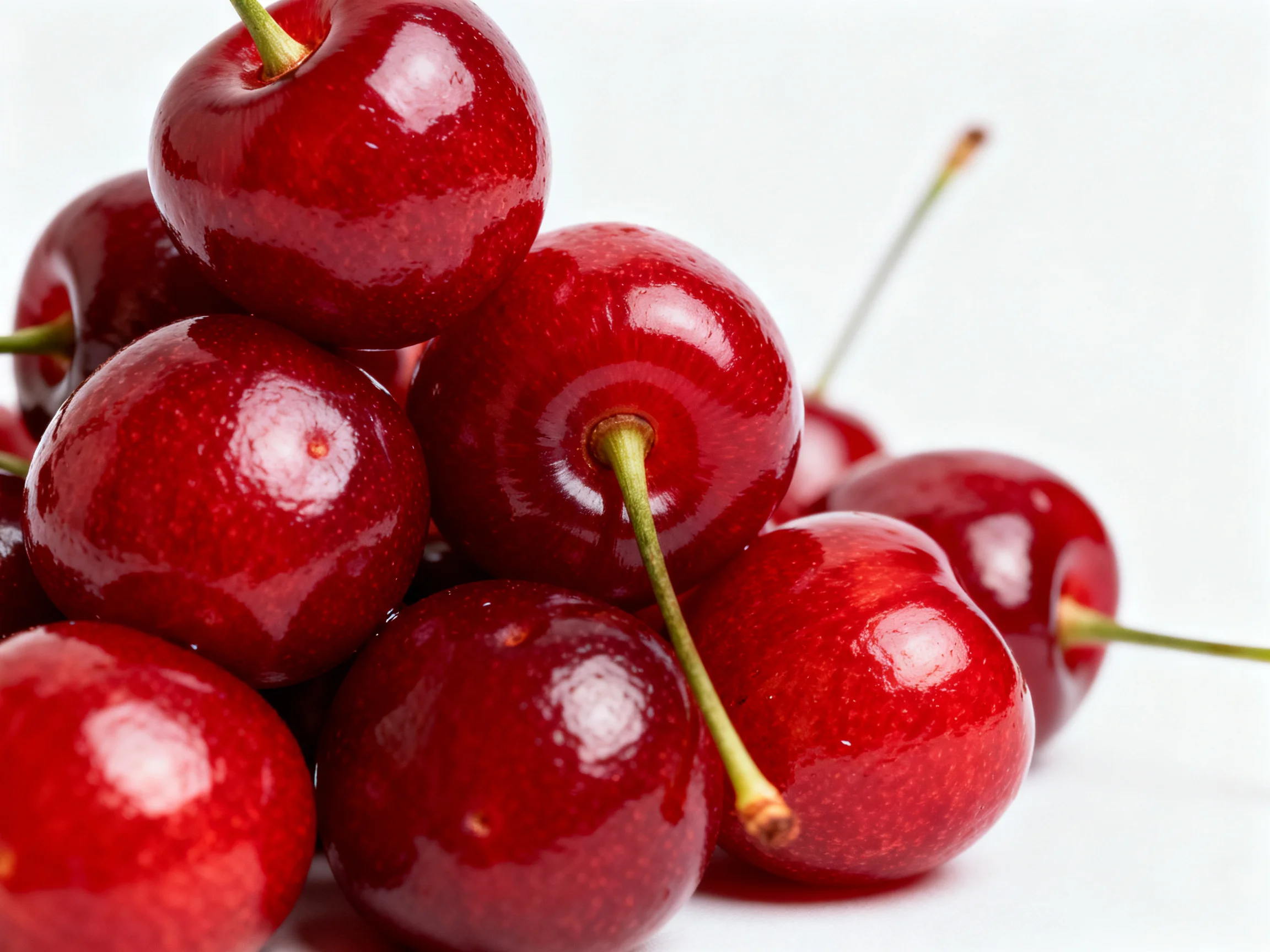 A cluster of glossy red cherries piled together